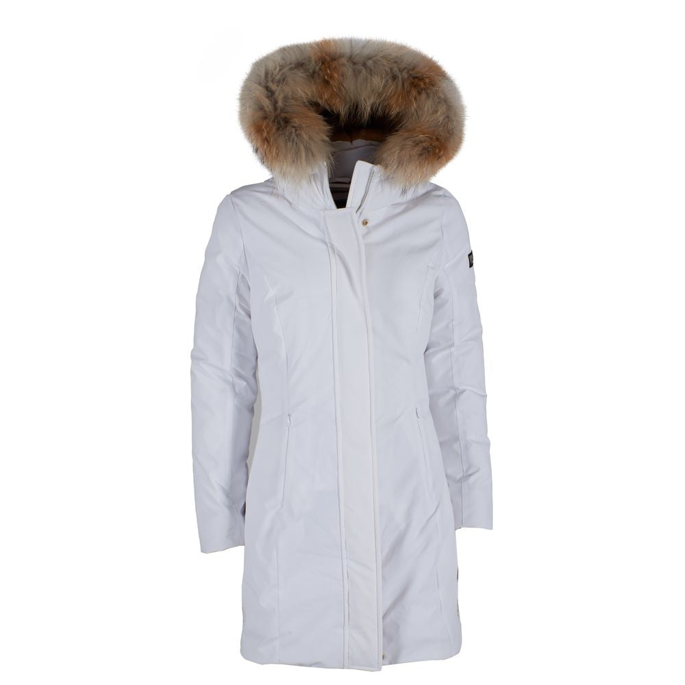 Yes Zee Chic White Down Jacket με κουκούλα με γούνα