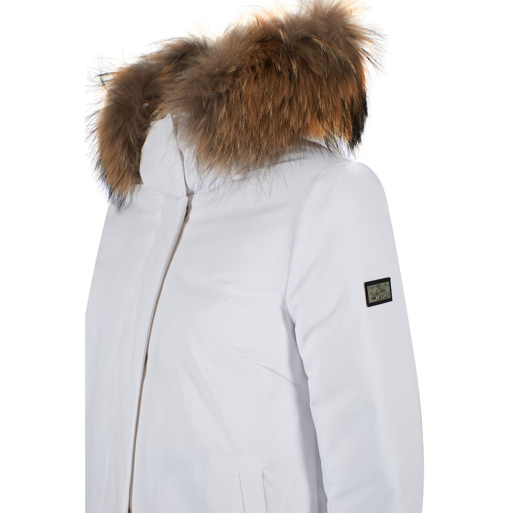 Yes Zee Chic White Down Jacket με κουκούλα με γούνα