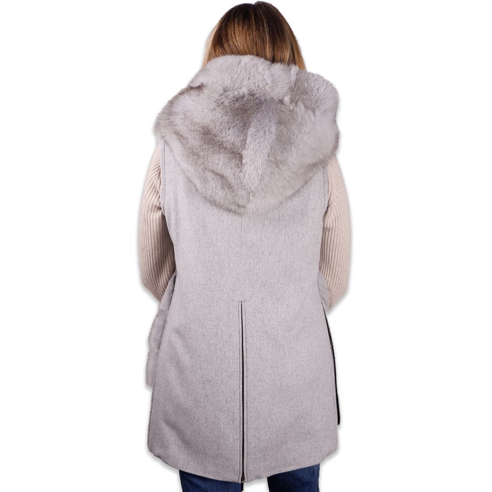 Made in Italy Sleeveless Luxury Wool Coat with Fox Fur Trim