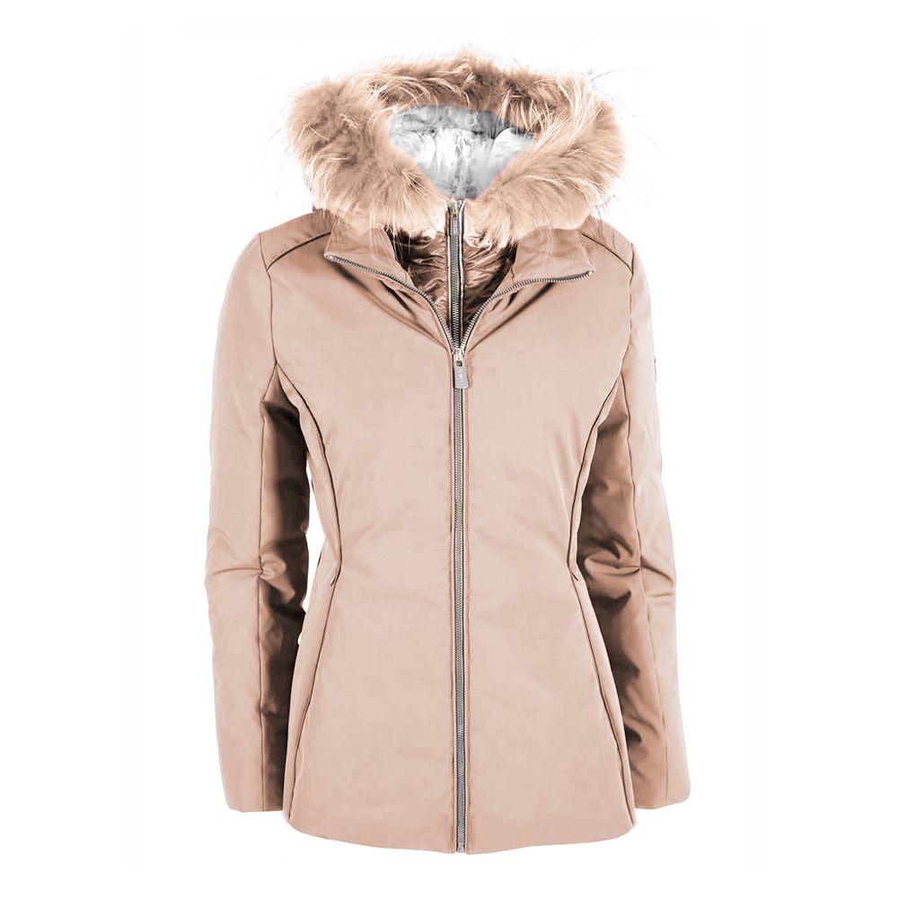 Yes Zee Chic Beige Down Jacket με γούνινη κουκούλα