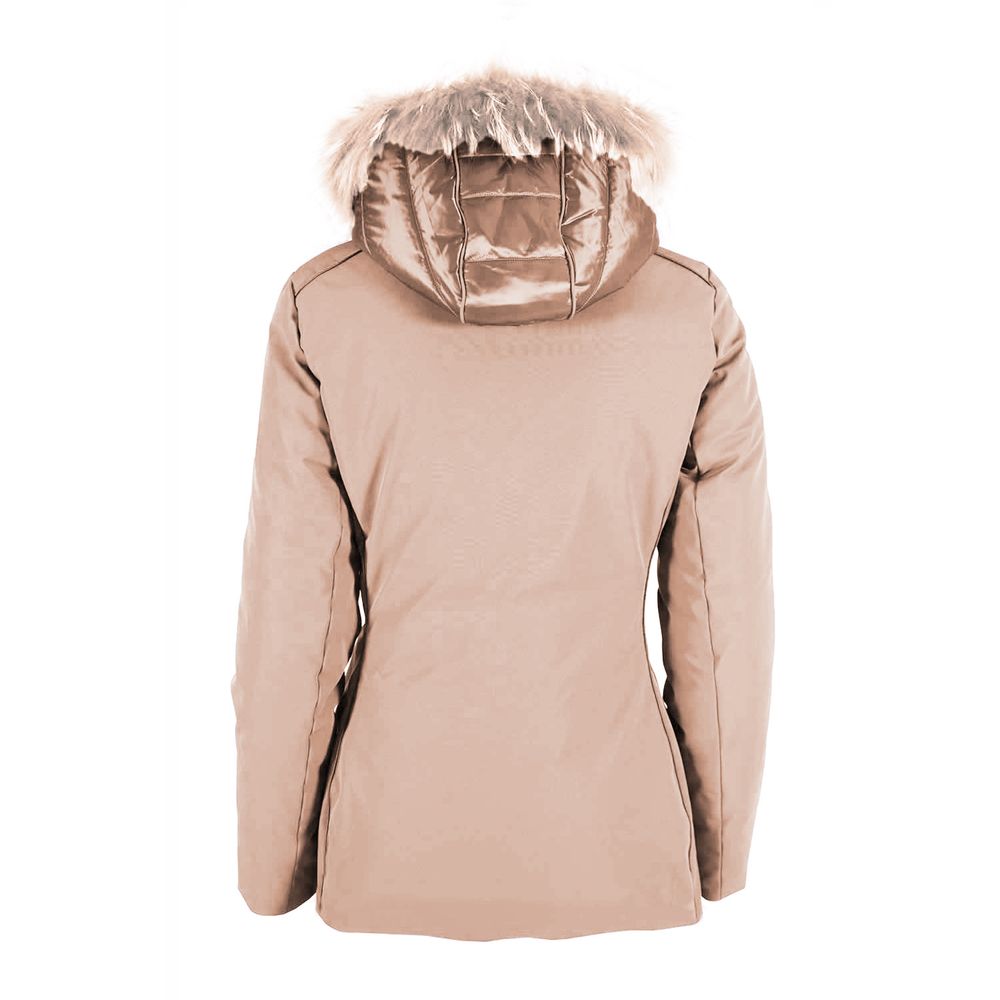 Yes Zee Chic Beige Down Jacket με γούνινη κουκούλα