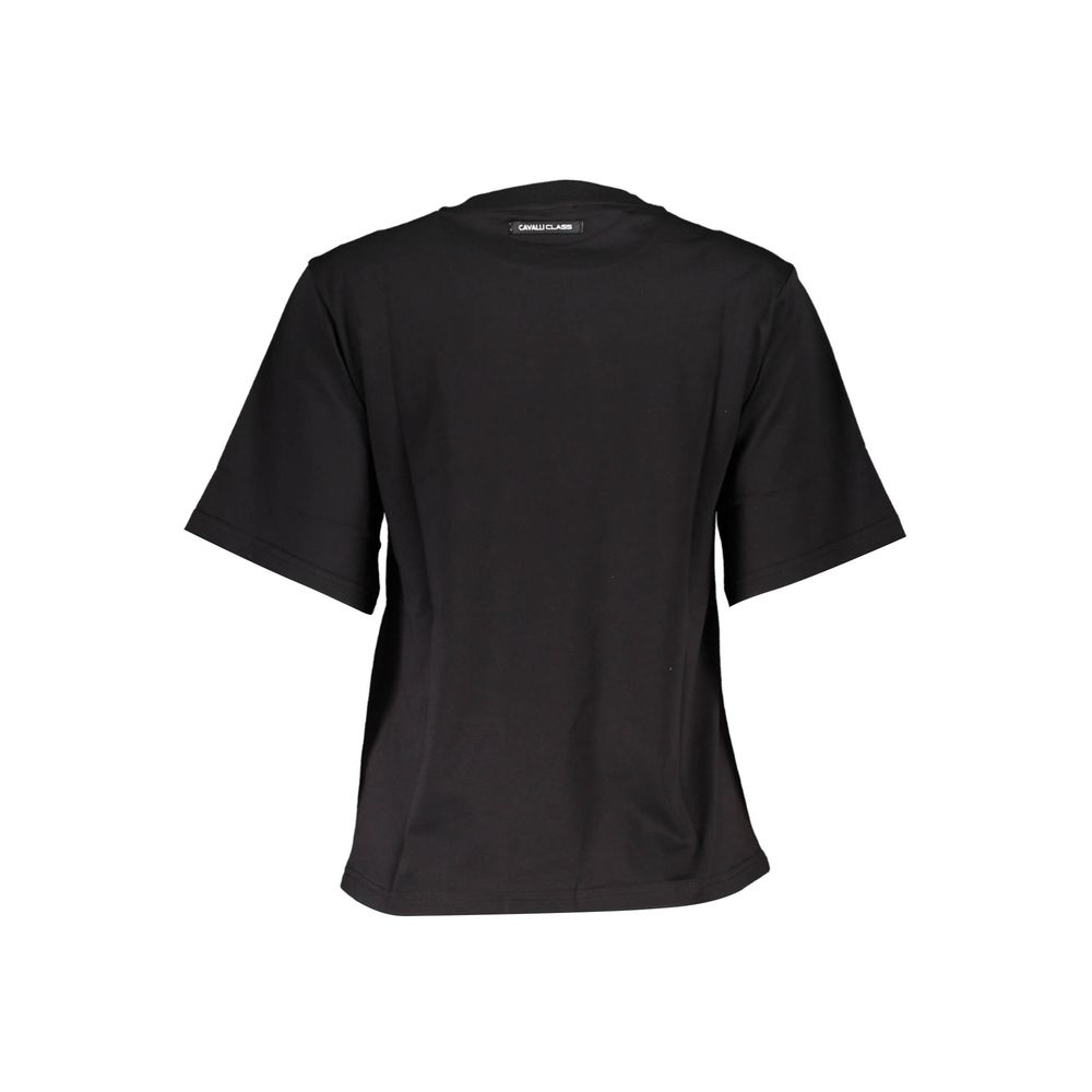 Cavalli Class Chic Black Printed Cotton Tee with Logo Detail