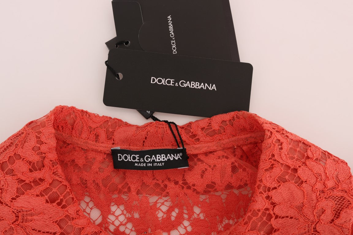 Dolce &amp; Gabbana Κομψή πορτοκαλί φλοράλ δαντέλα μπλούζα ζακέτα με κρύσταλλο