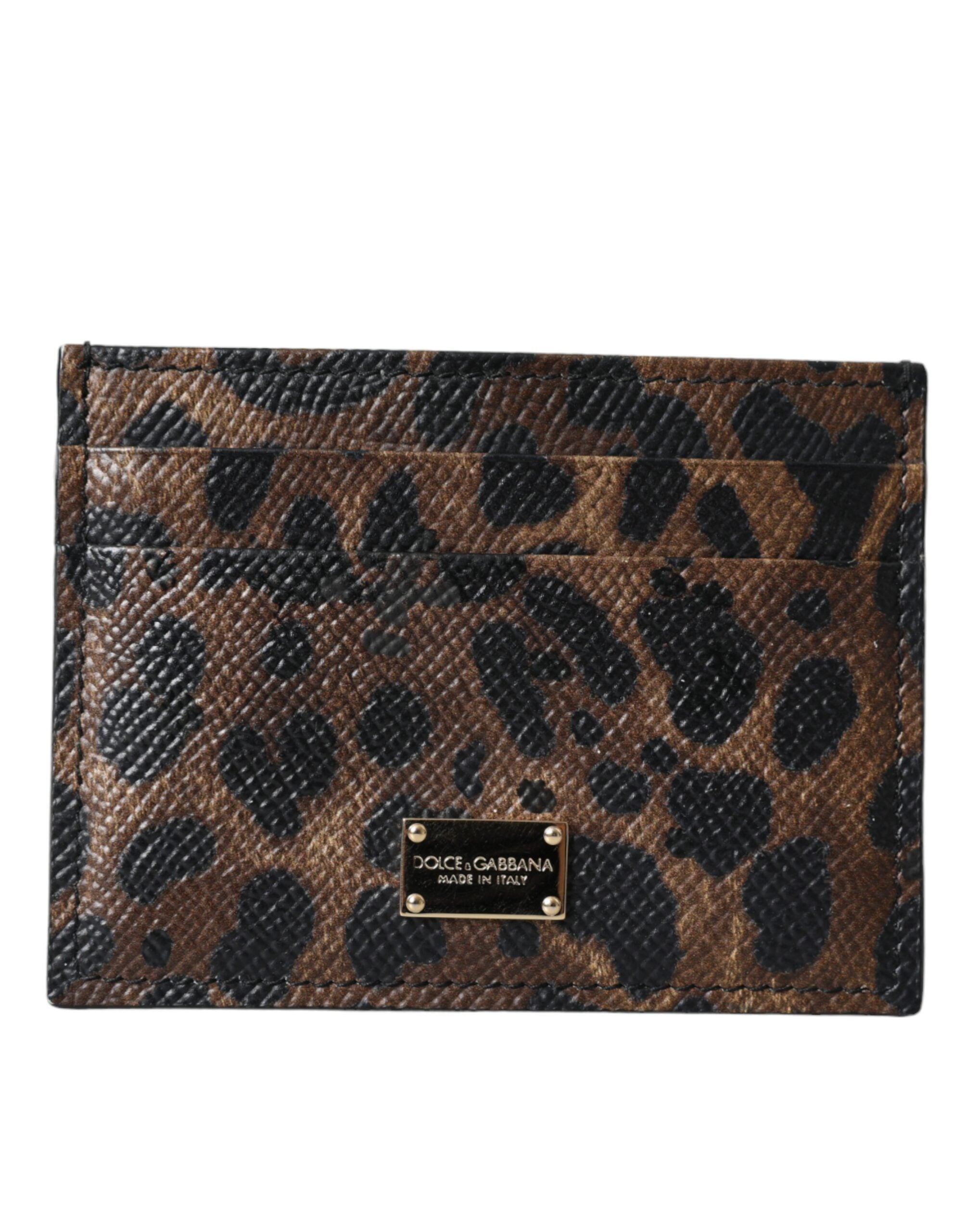 Γυναικείο πορτοφόλι με κάρτα Dolce & Gabbana Brown Leopard Logo Plaque