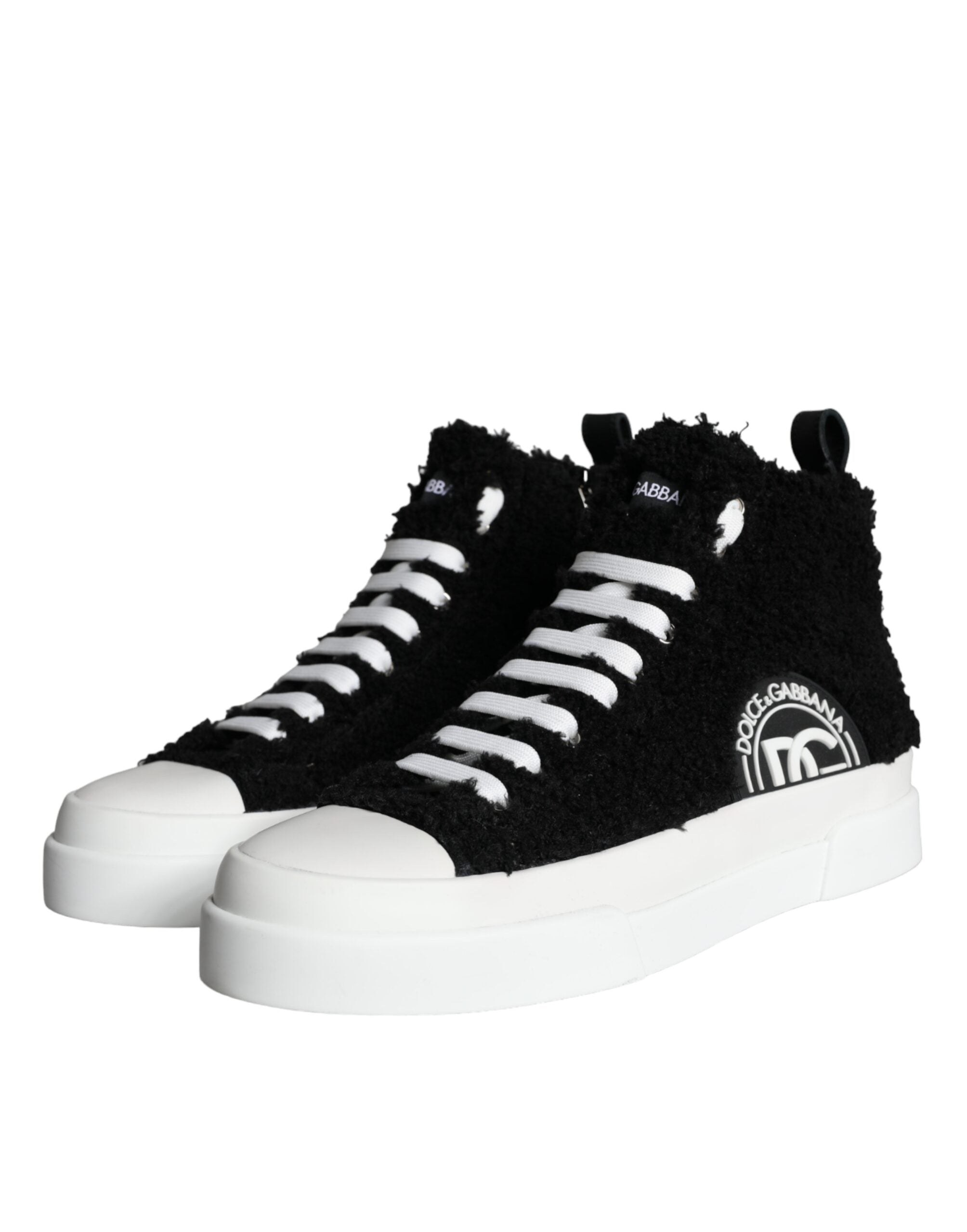 Dolce & Gabbana Black White Fur Logo High Top Sneaker Shoes