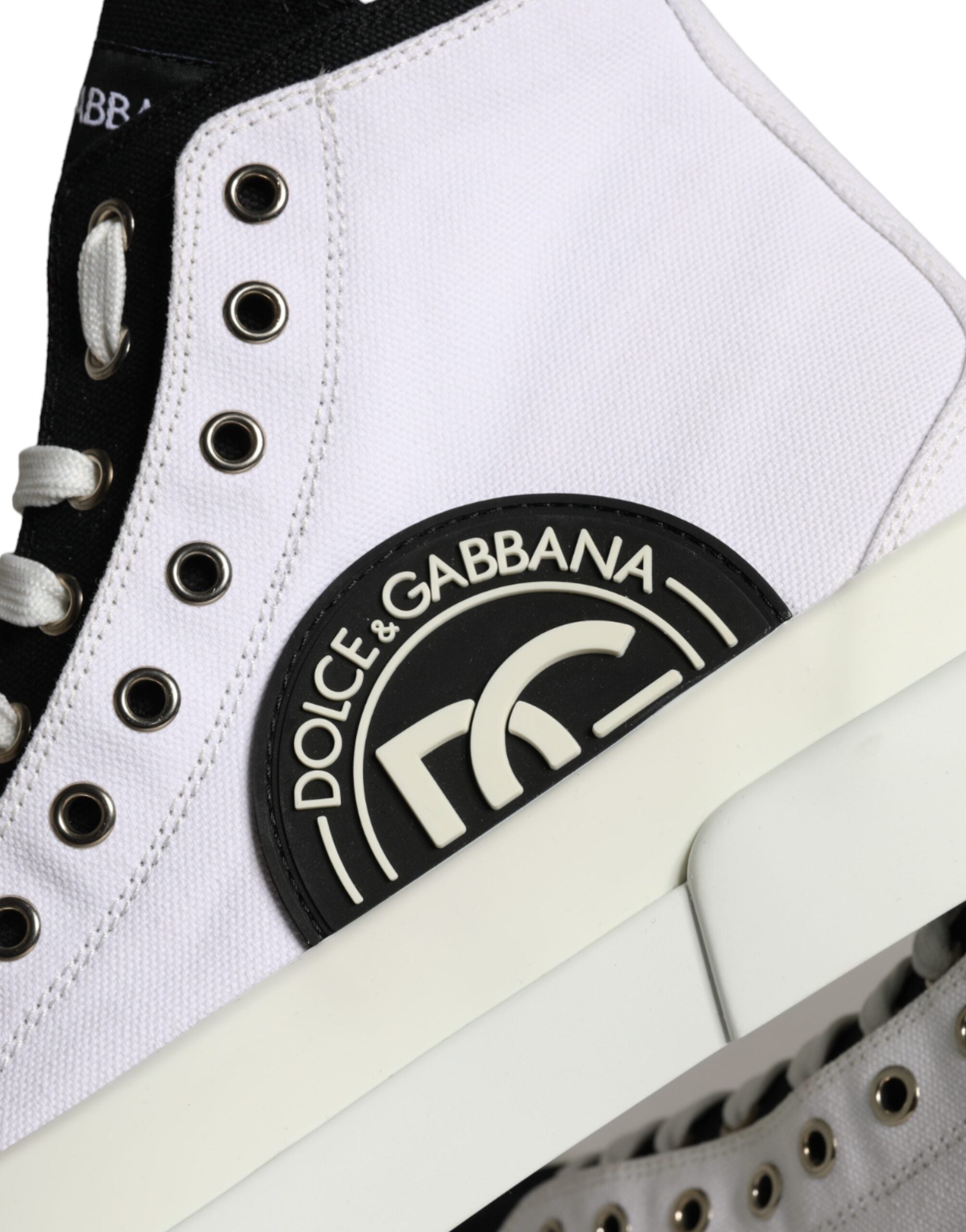 Dolce & Gabbana White Black Cotton Logo High Top Sneaker Shoes