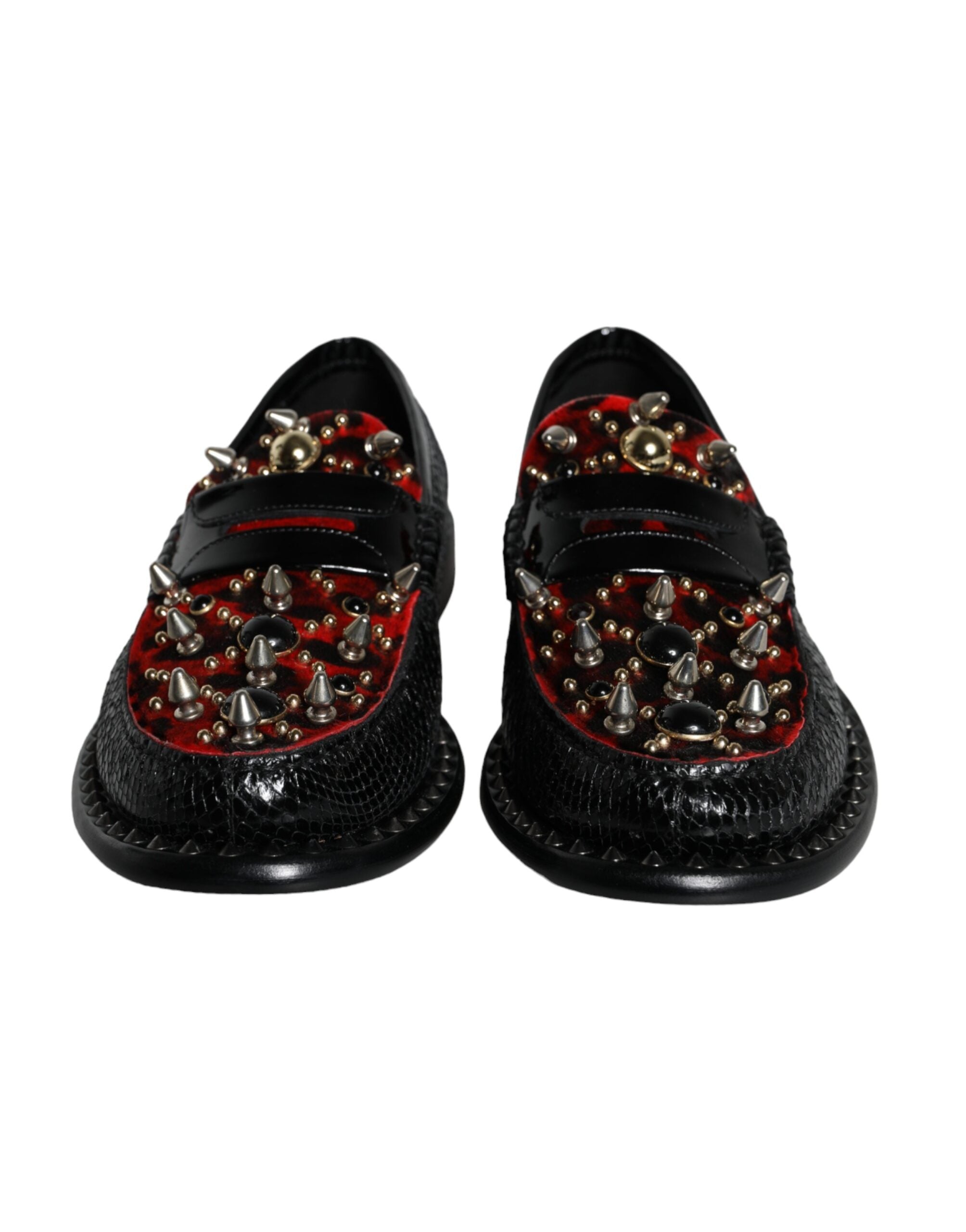 Dolce & Gabbana Black Leopard Print Studs Δερμάτινα Loafers Παπούτσια