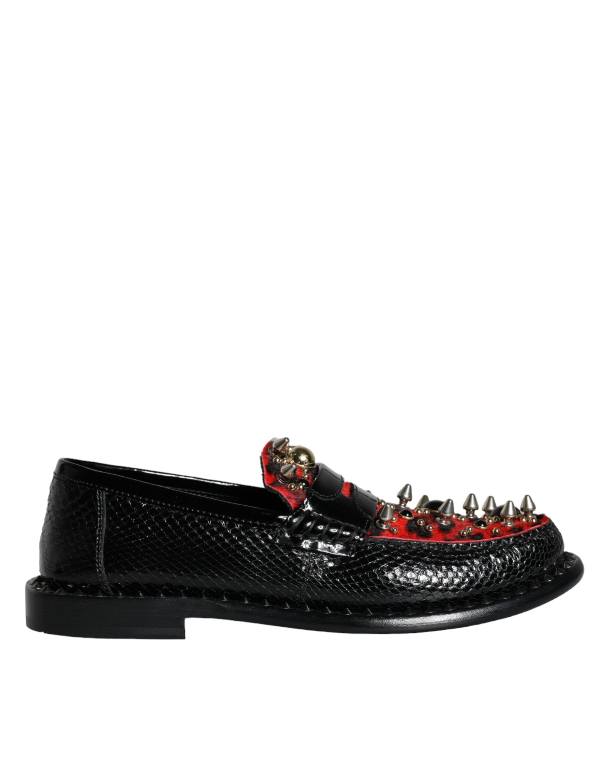 Dolce & Gabbana Black Leopard Print Studs Δερμάτινα Loafers Παπούτσια