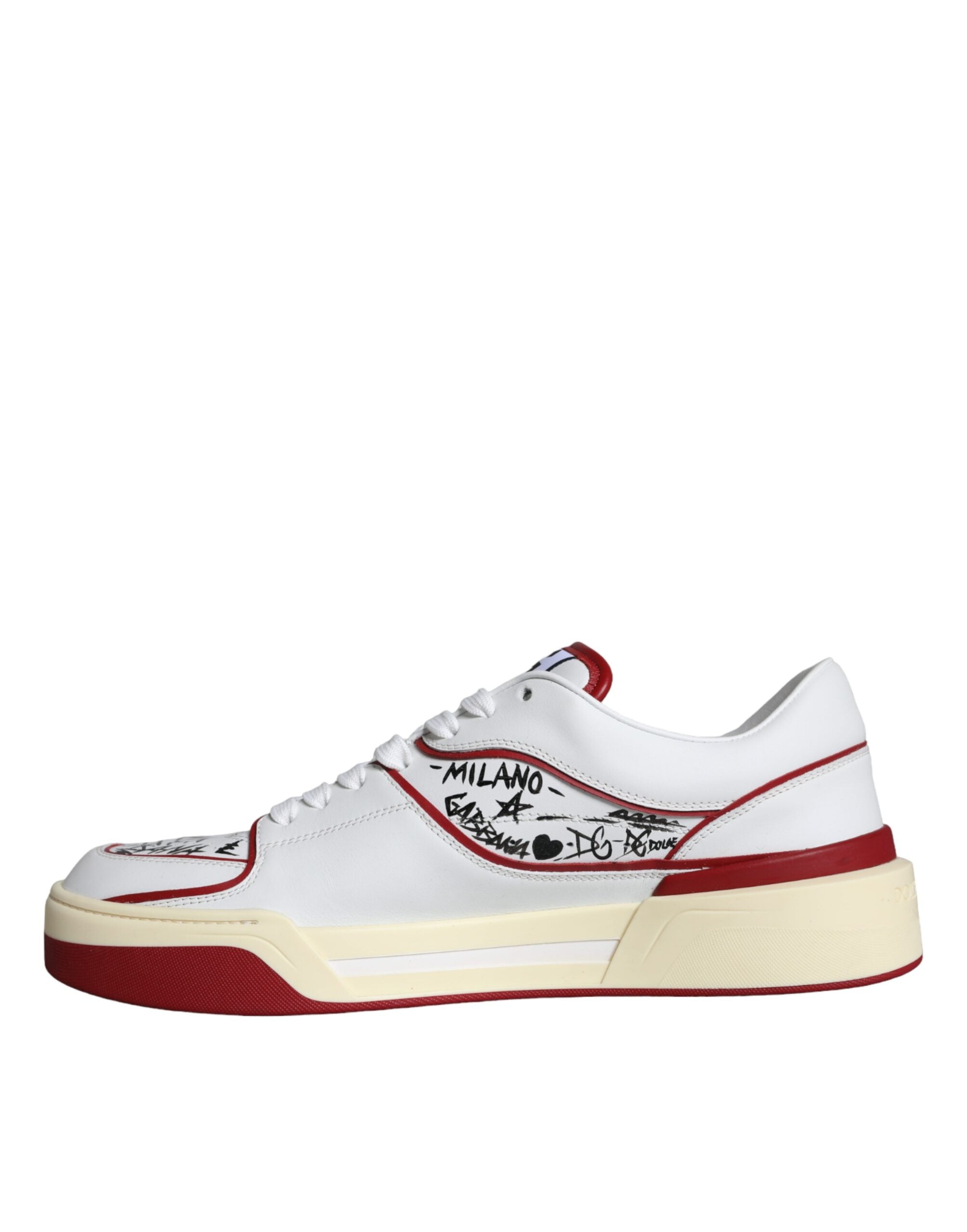 Dolce & Gabbana Red White Printed Leather Low Top Men Sneakers Shoes