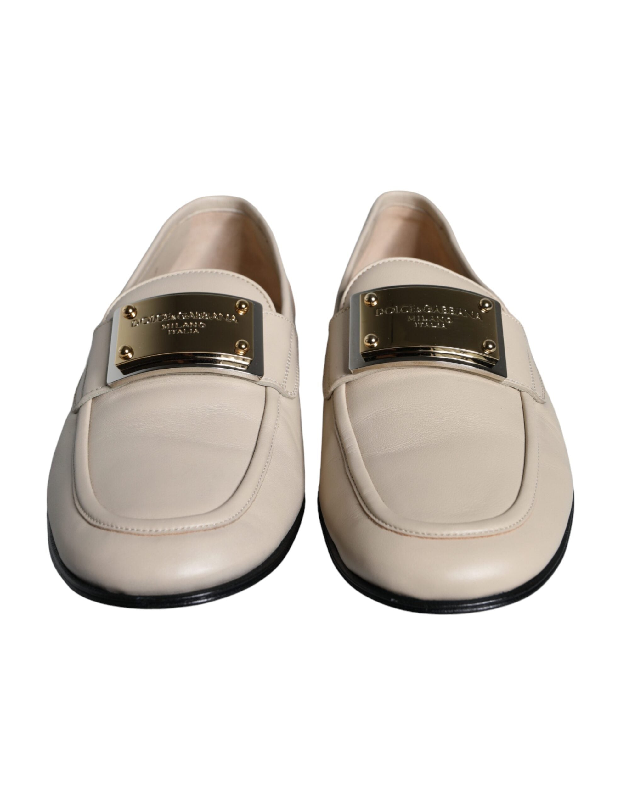 Dolce & Gabbana Beige Leather Logo Plaque Slip On Ανδρικά Loafers παπούτσια