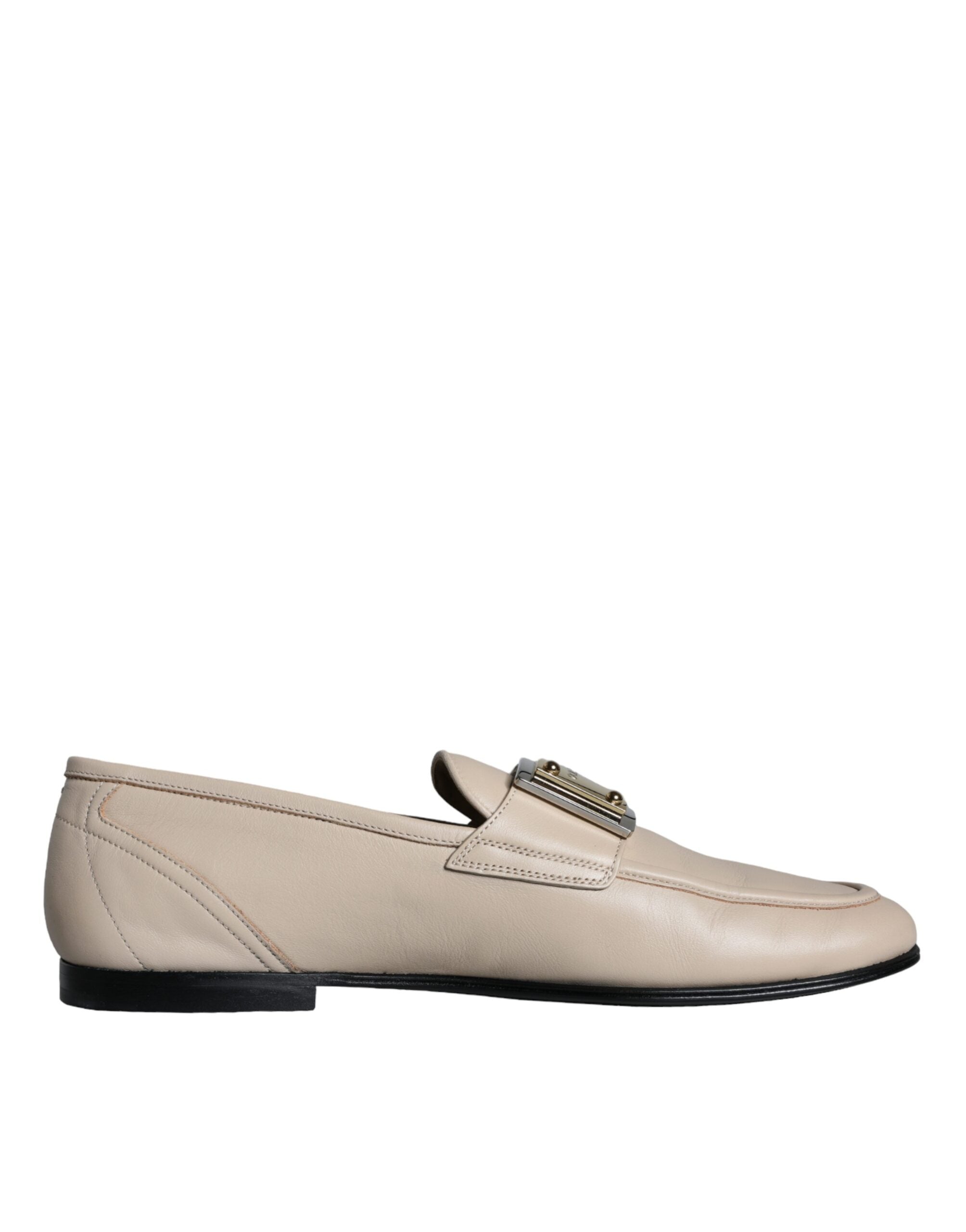 Dolce & Gabbana Beige Leather Logo Plaque Slip On Ανδρικά Loafers παπούτσια