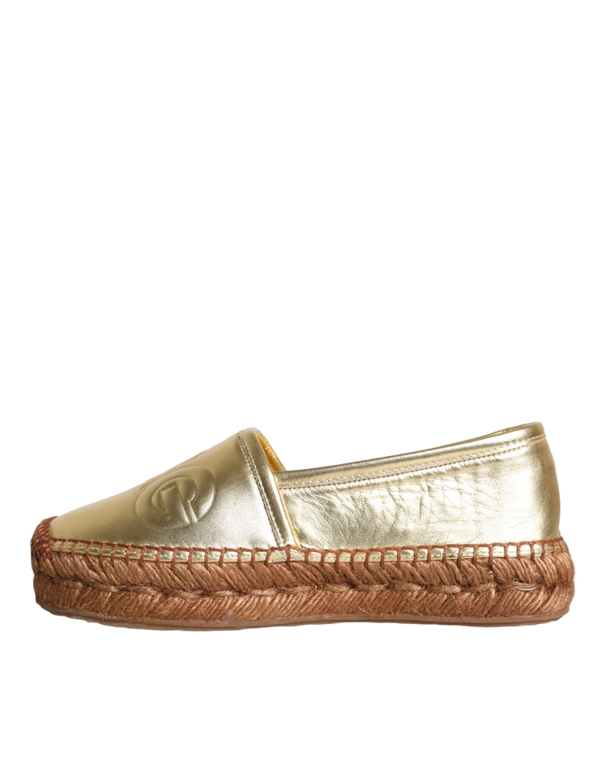 Dolce & Gabbana Gold Leather Loafers Flats Espadrille Παπούτσια