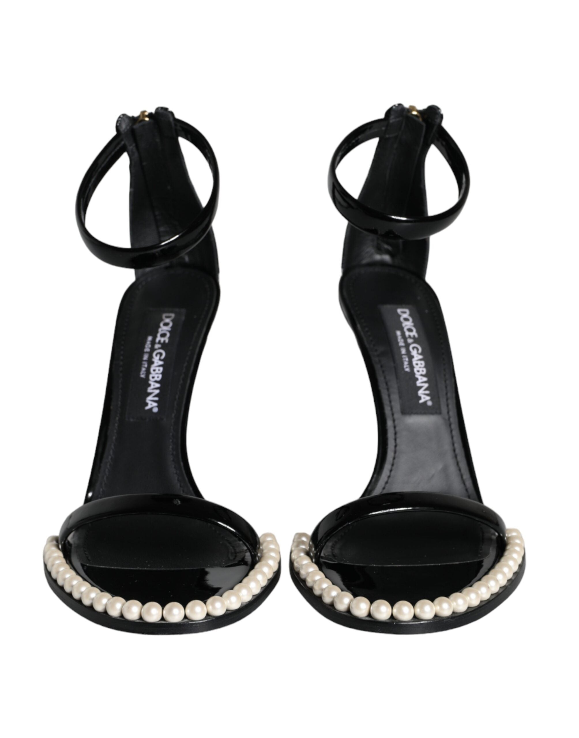 Dolce & Gabbana Black Keira Leather Faux Pearl Sandals Heels Shoes