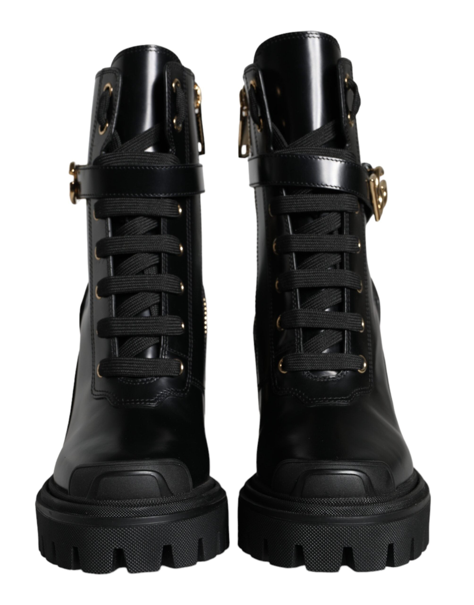 Dolce & Gabbana Black Calf Leather Logo Trekking Biker Boots Παπούτσια