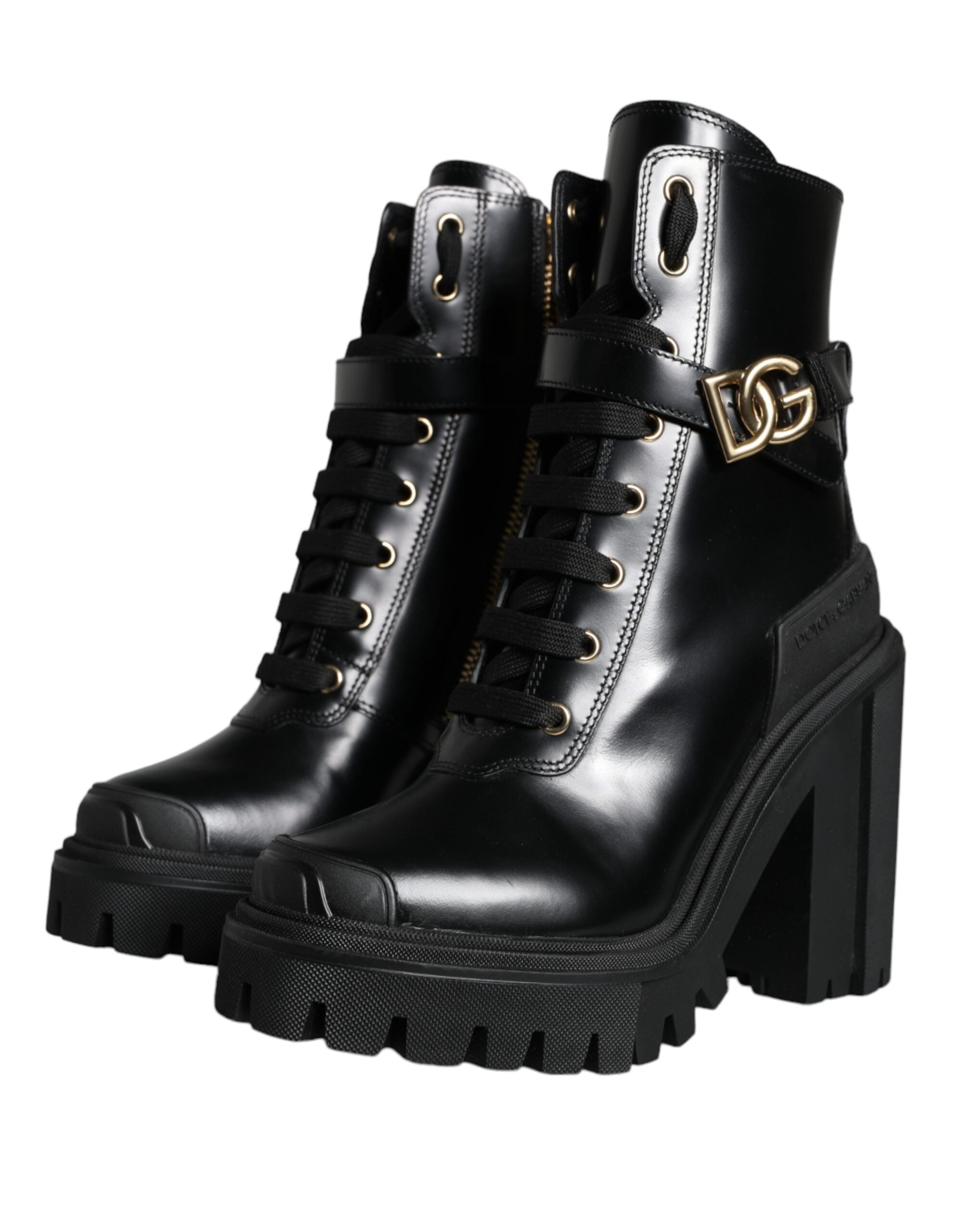 Dolce & Gabbana Black Calf Leather Logo Trekking Biker Boots Παπούτσια