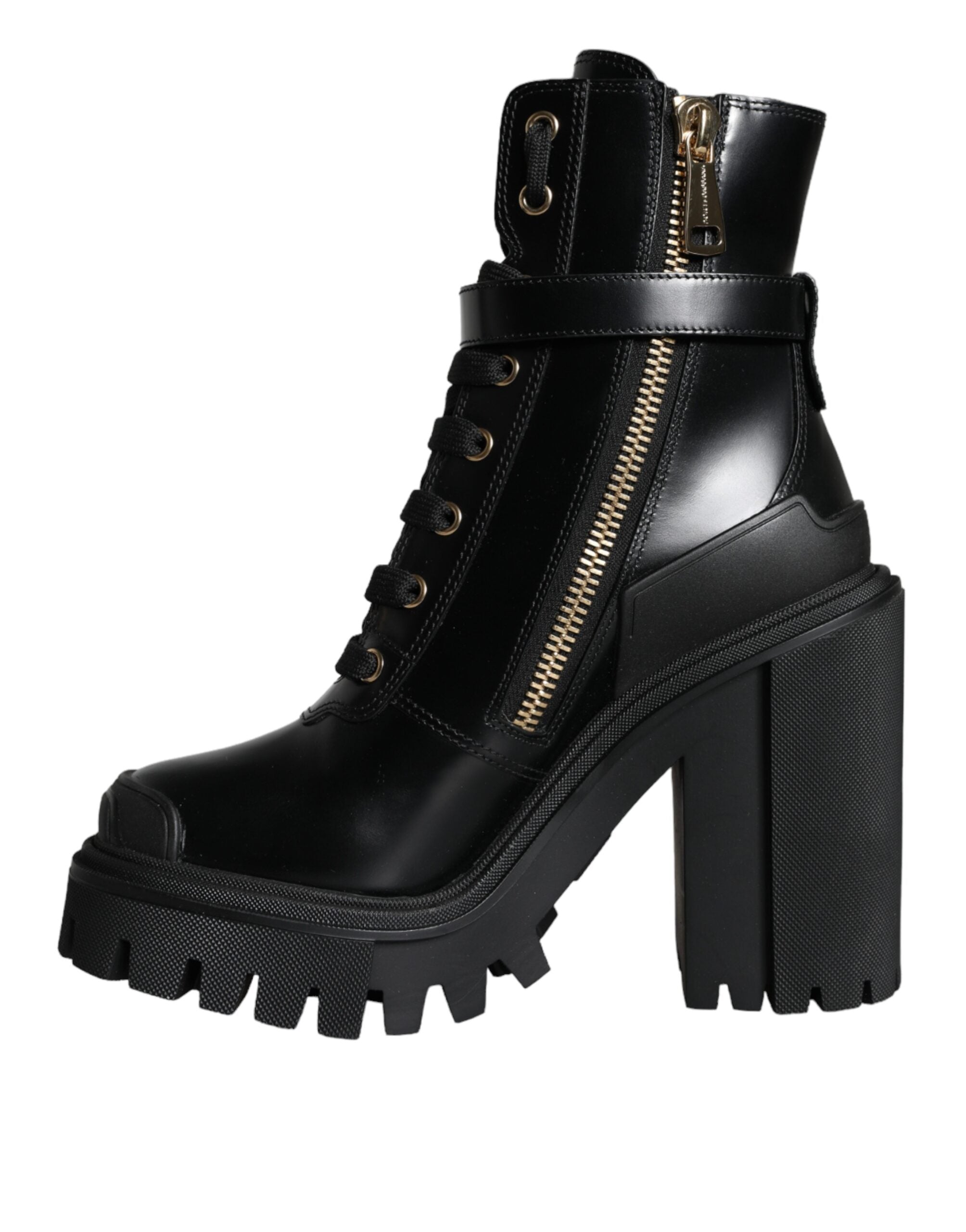 Dolce & Gabbana Black Calf Leather Logo Trekking Biker Boots Παπούτσια