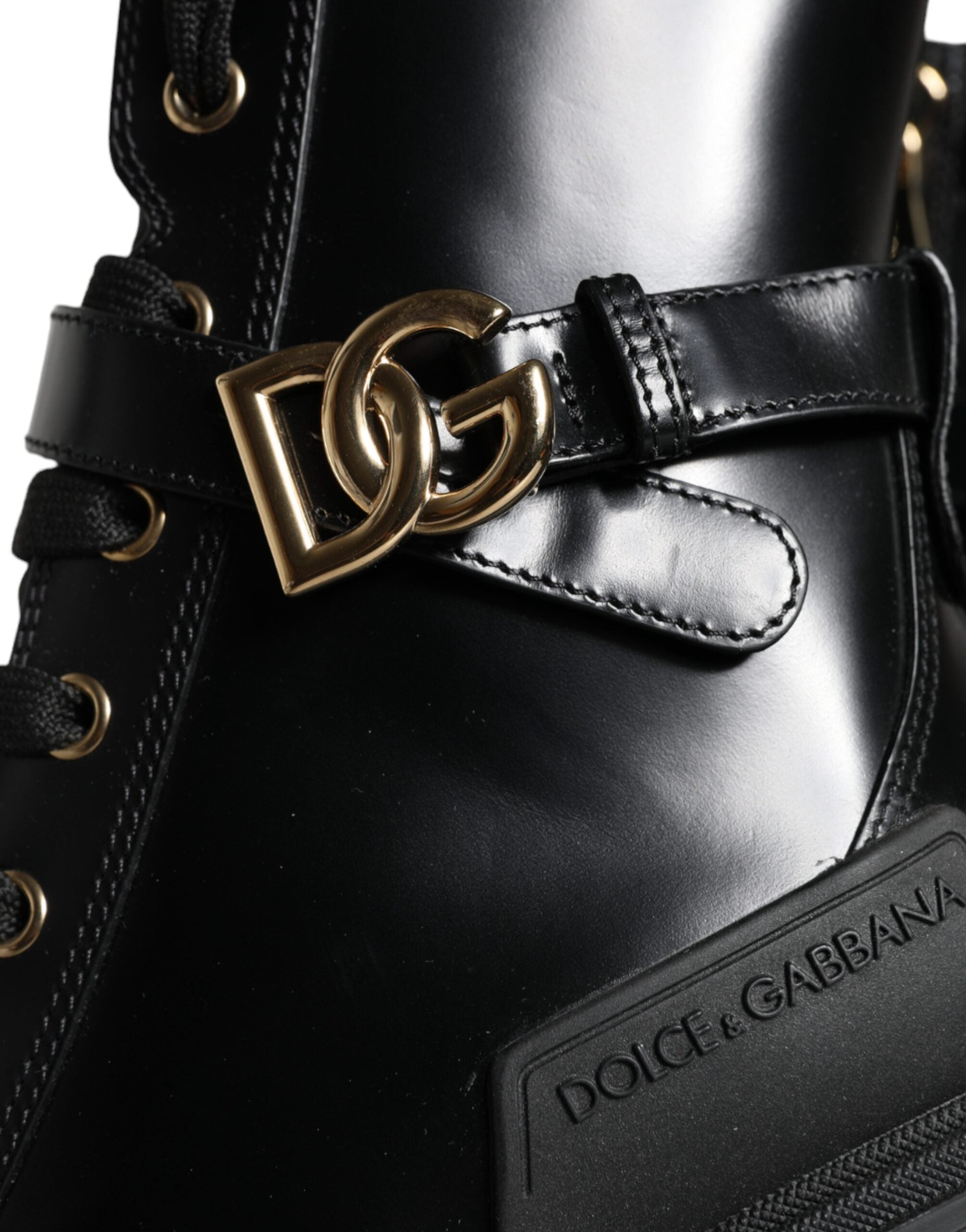 Dolce & Gabbana Black Calf Leather Logo Trekking Biker Boots Παπούτσια