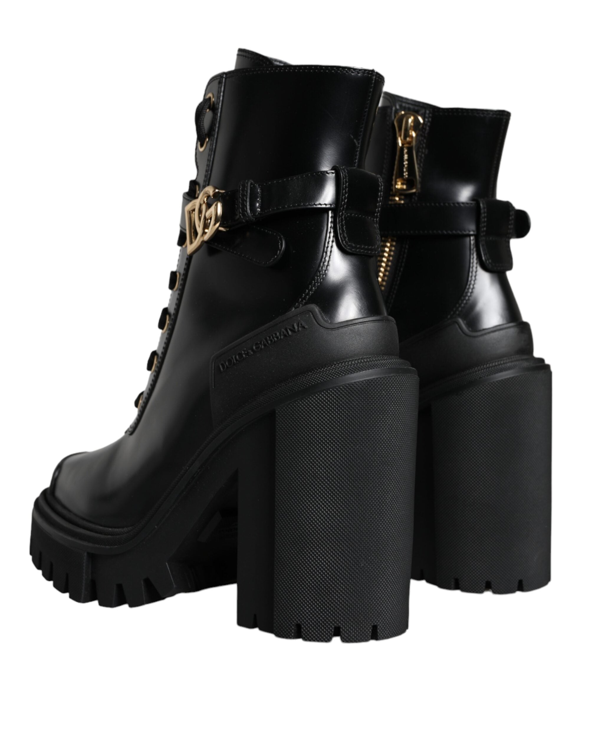 Dolce & Gabbana Black Calf Leather Logo Trekking Biker Boots Παπούτσια