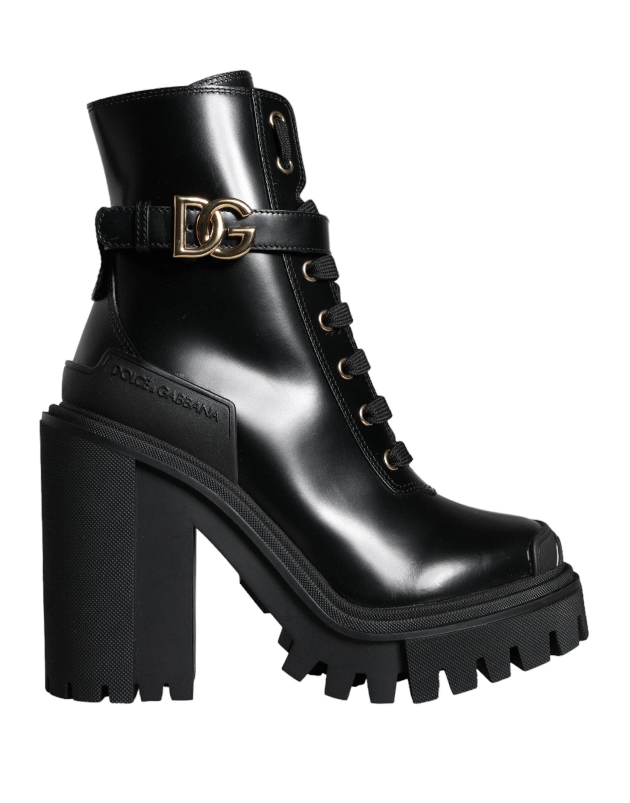 Dolce & Gabbana Black Calf Leather Logo Trekking Biker Boots Παπούτσια