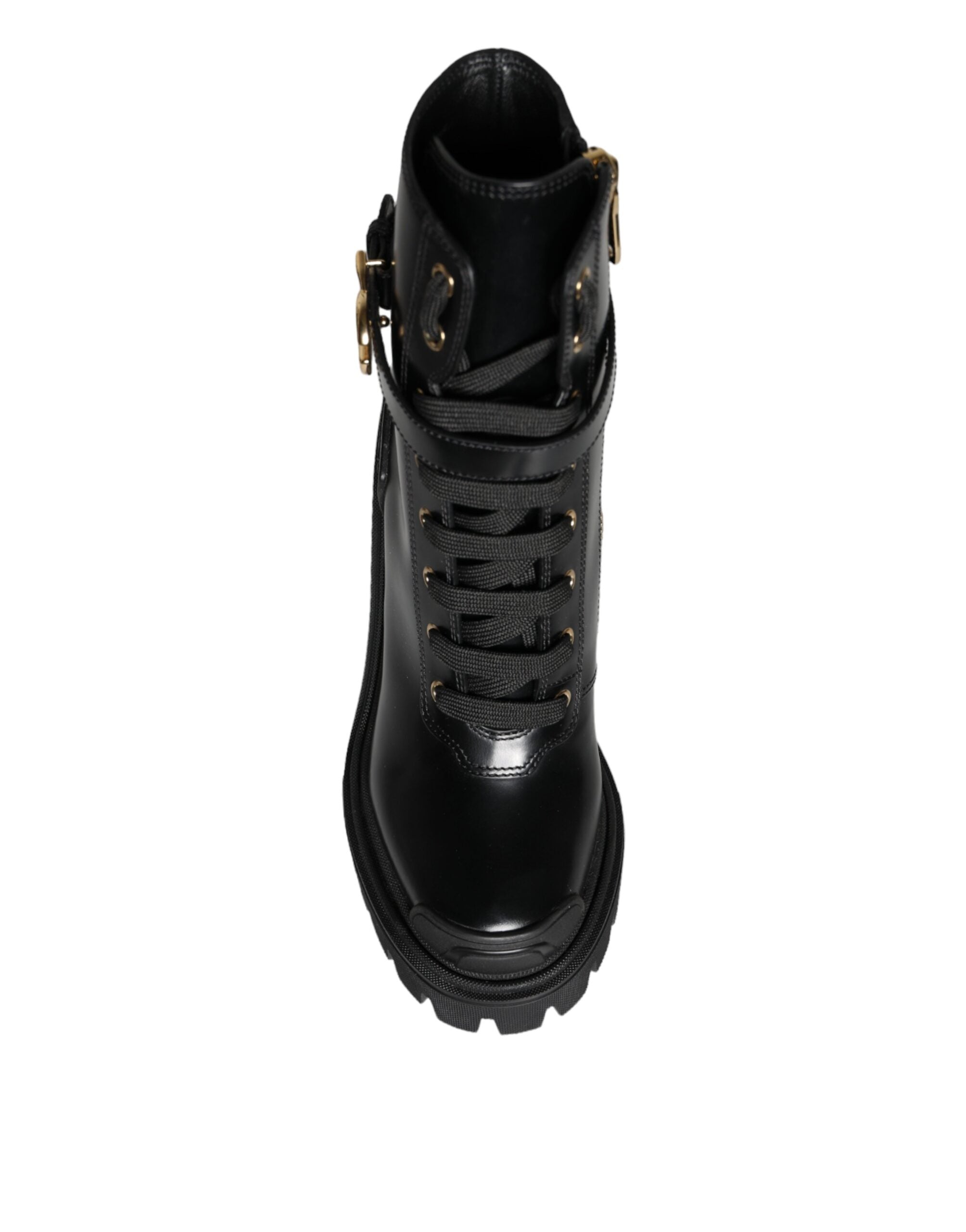 Dolce & Gabbana Black Calf Leather Logo Trekking Biker Boots Παπούτσια