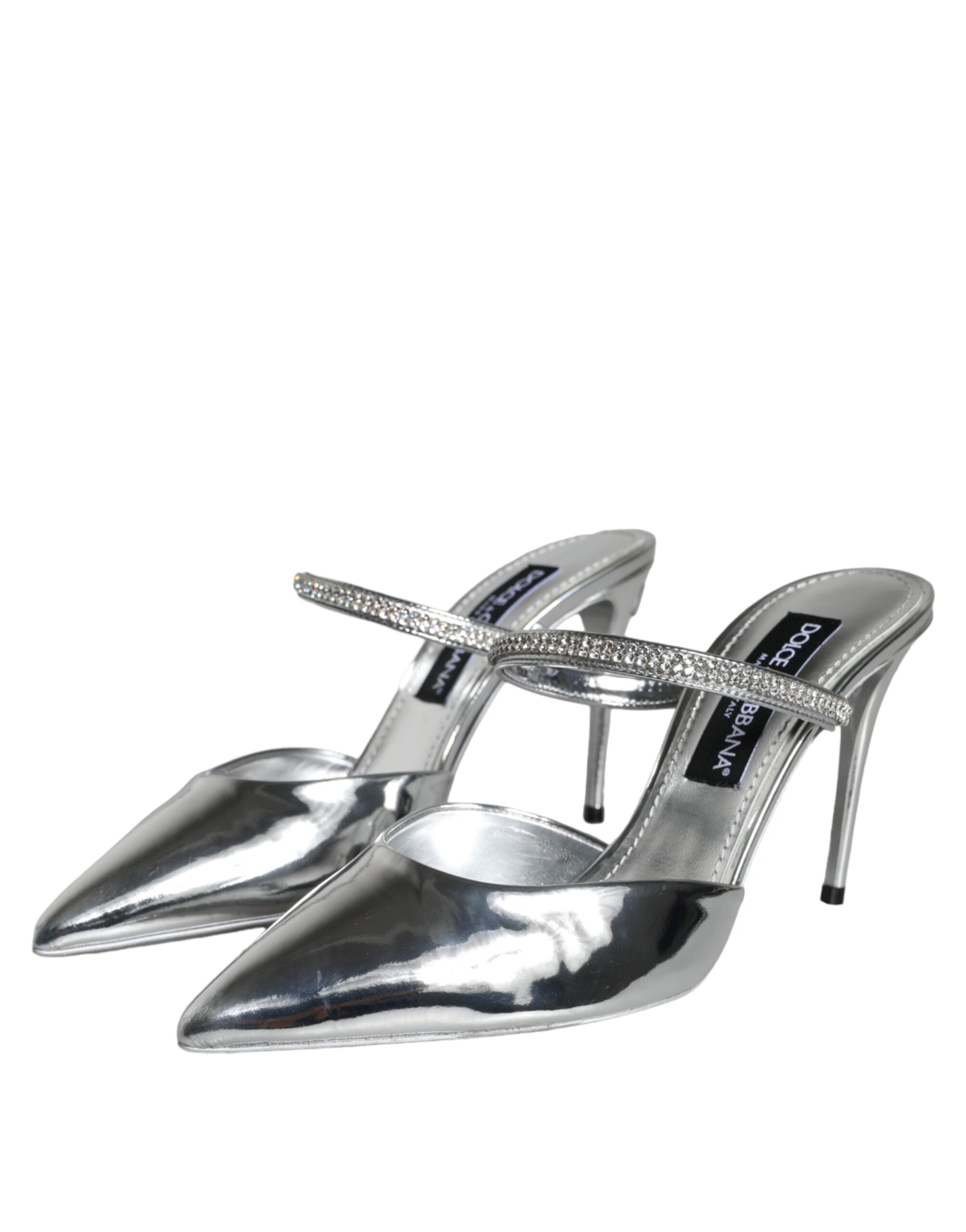 Dolce & Gabbana Silver Crystal Leather Slip On Sandals