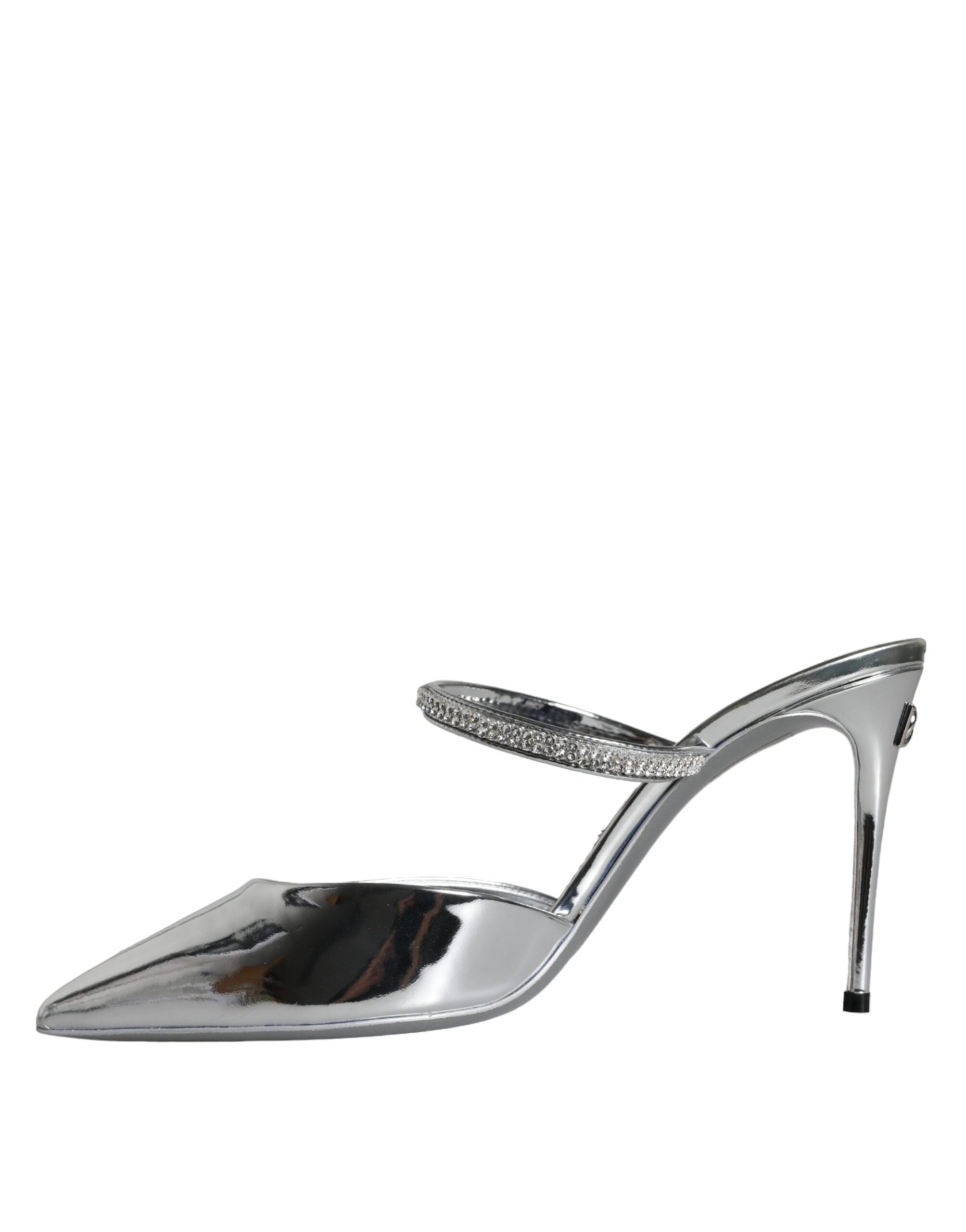 Dolce & Gabbana Silver Crystal Leather Slip On Sandals