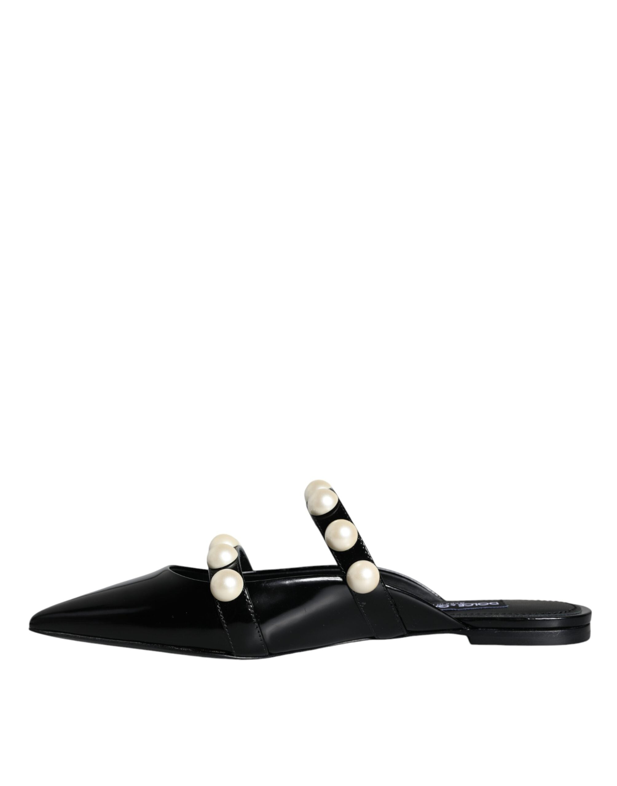 Dolce & Gabbana Black Leather Pearls Slides Sandals Shoes