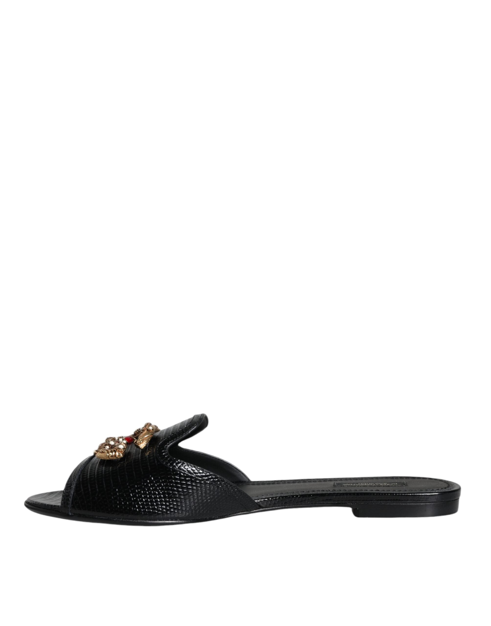 Dolce & Gabbana Black DG Amore Leather Slip On Flats Shoes