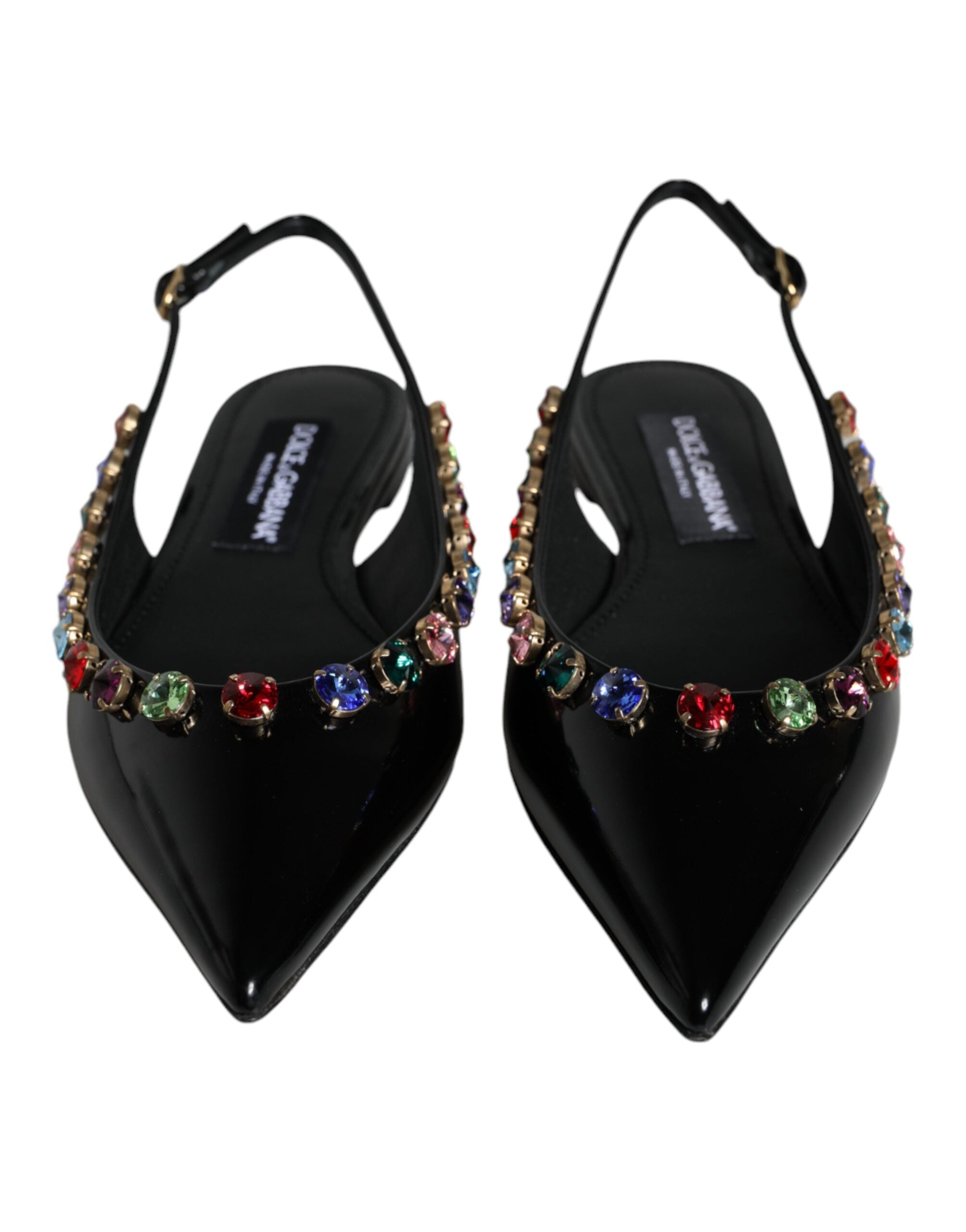 Dolce & Gabbana Μαύρα Δερμάτινα Παπούτσια Slingback Flats με Κρύσταλλα