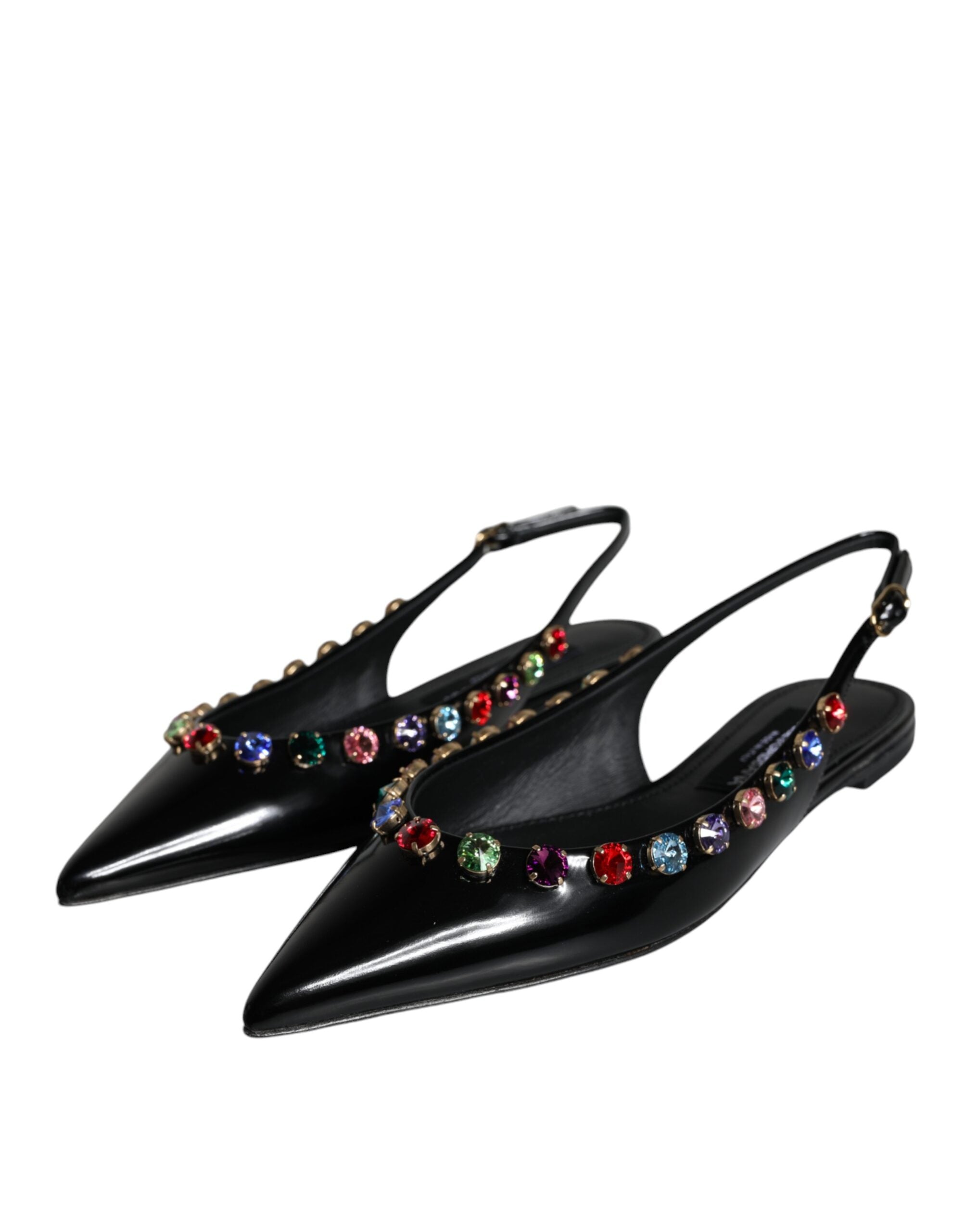 Dolce & Gabbana Μαύρα Δερμάτινα Παπούτσια Slingback Flats με Κρύσταλλα