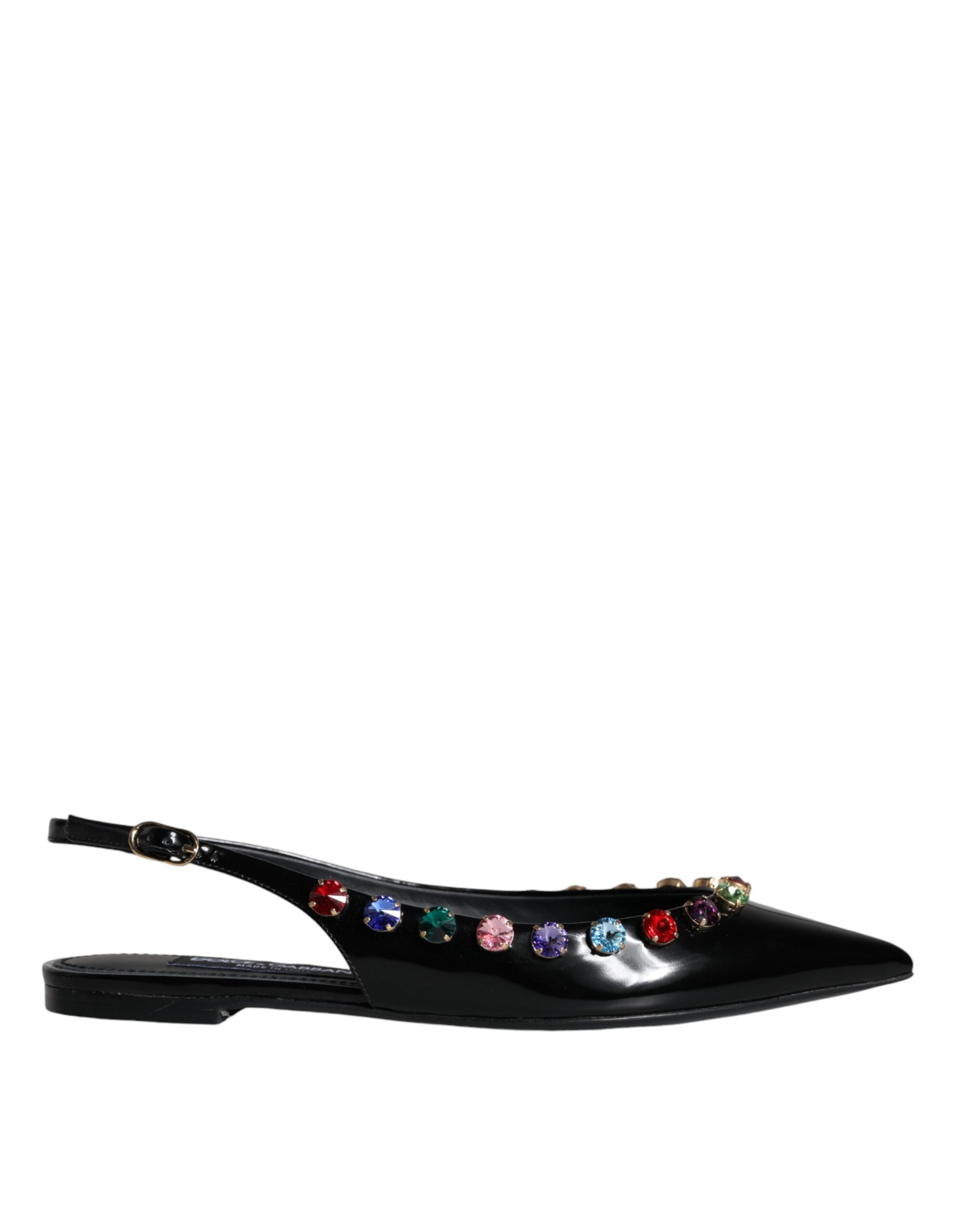 Dolce & Gabbana Μαύρα Δερμάτινα Παπούτσια Slingback Flats με Κρύσταλλα