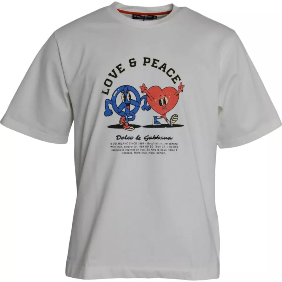 Dolce & Gabbana Άσπρο Love & Peace Βαμβακερό T-shirt με Στρογγυλό Λαιμό