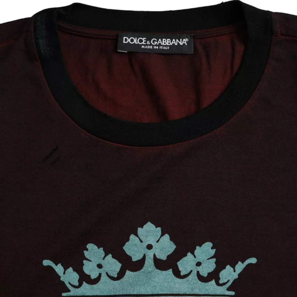 Dolce & Gabbana Bordeaux Crown Print Βαμβακερό T-shirt με Στρογγυλή Λαιμόκοψη