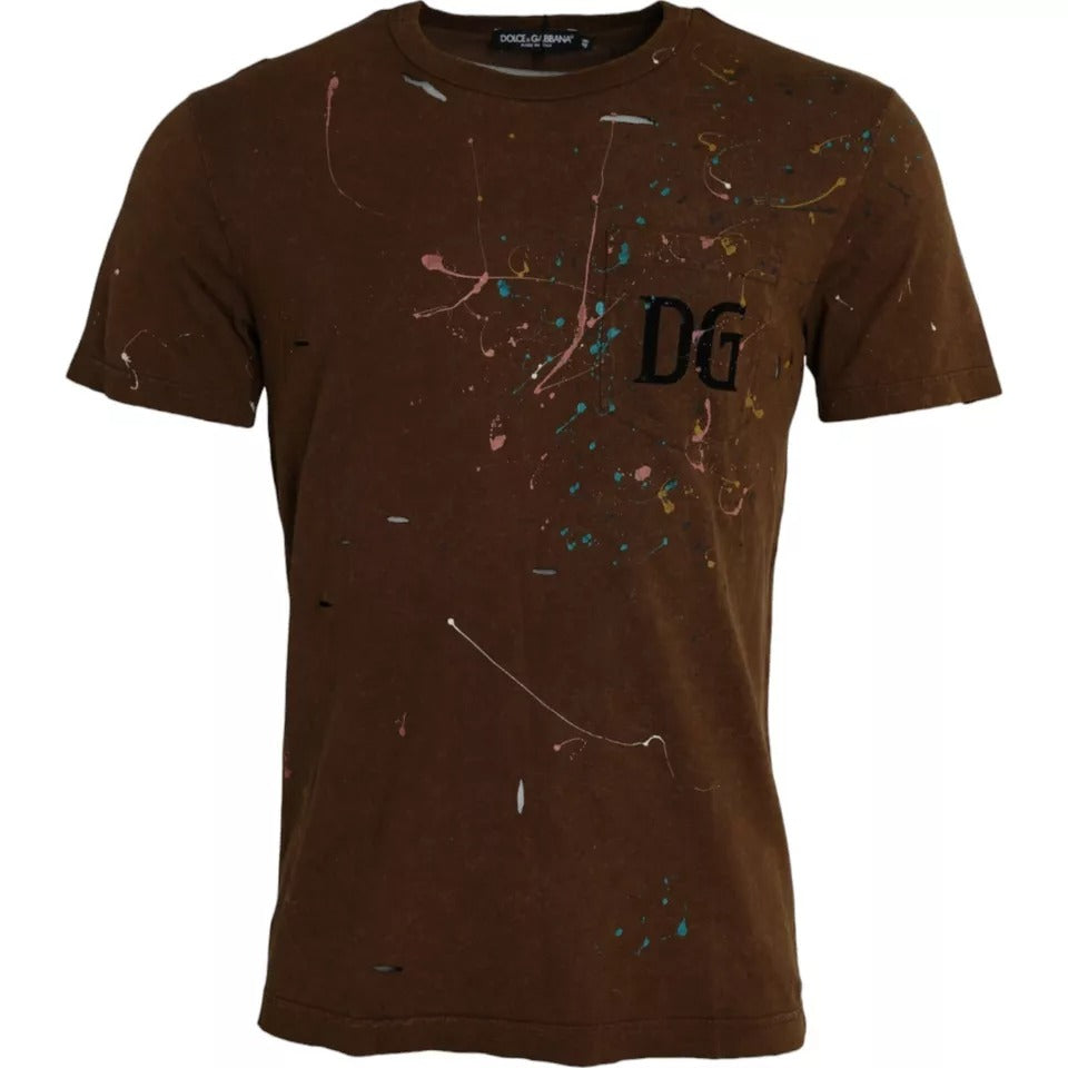 Dolce & Gabbana Καφέ Βαμβακερό T-shirt με Λαιμόκοψη Crew