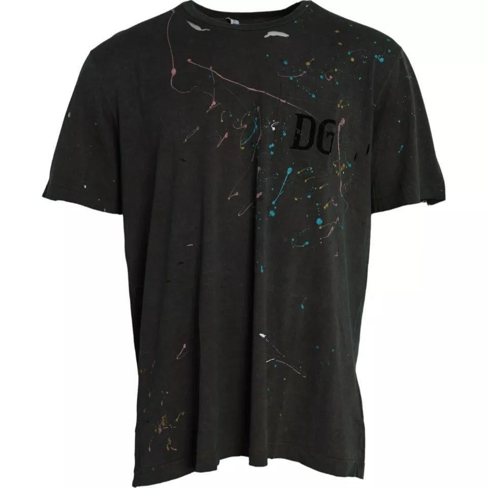 Dolce & Gabbana Γκρι T-shirt με Λαιμόκοψη Crew και Χρωματικό Splash Από Βαμβάκι