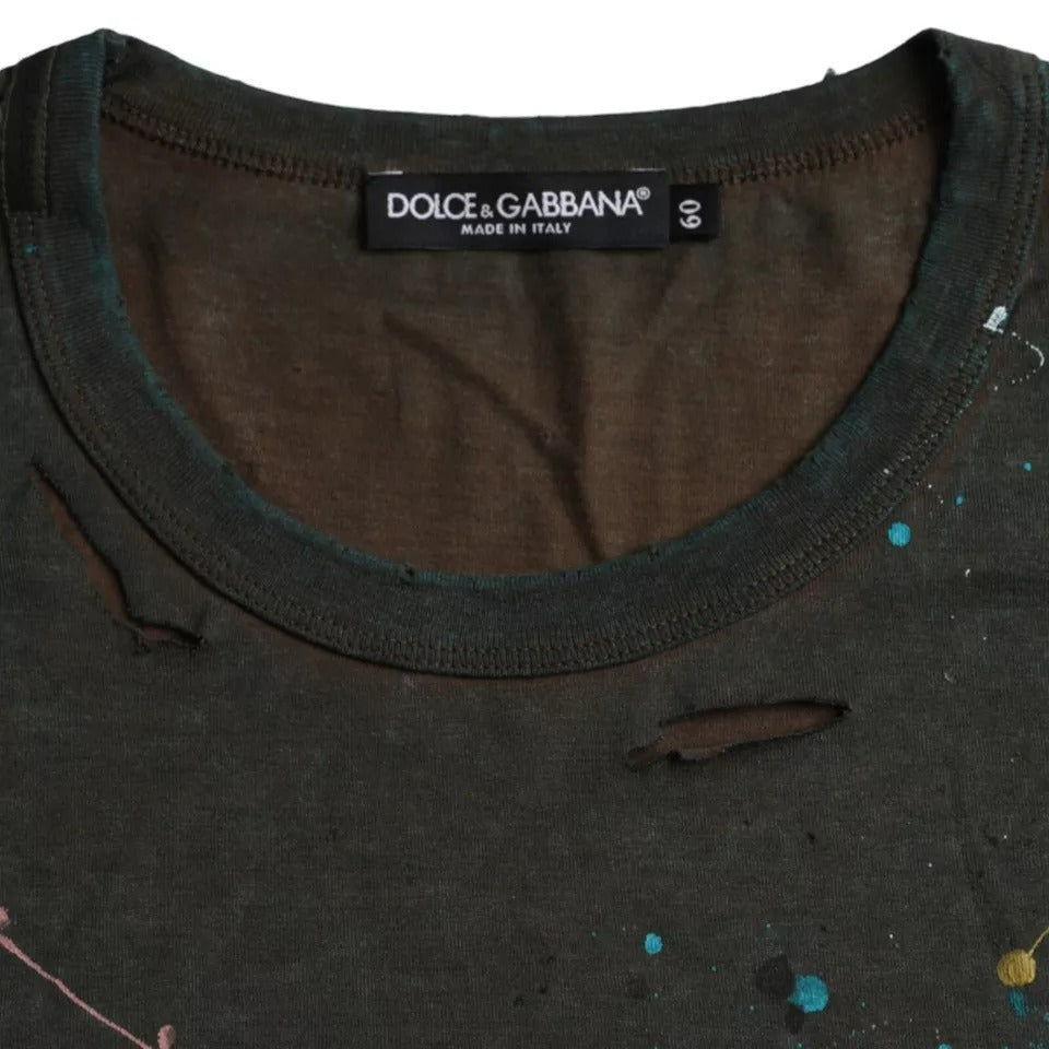 Dolce & Gabbana Γκρι T-shirt με Λαιμόκοψη Crew και Χρωματικό Splash Από Βαμβάκι