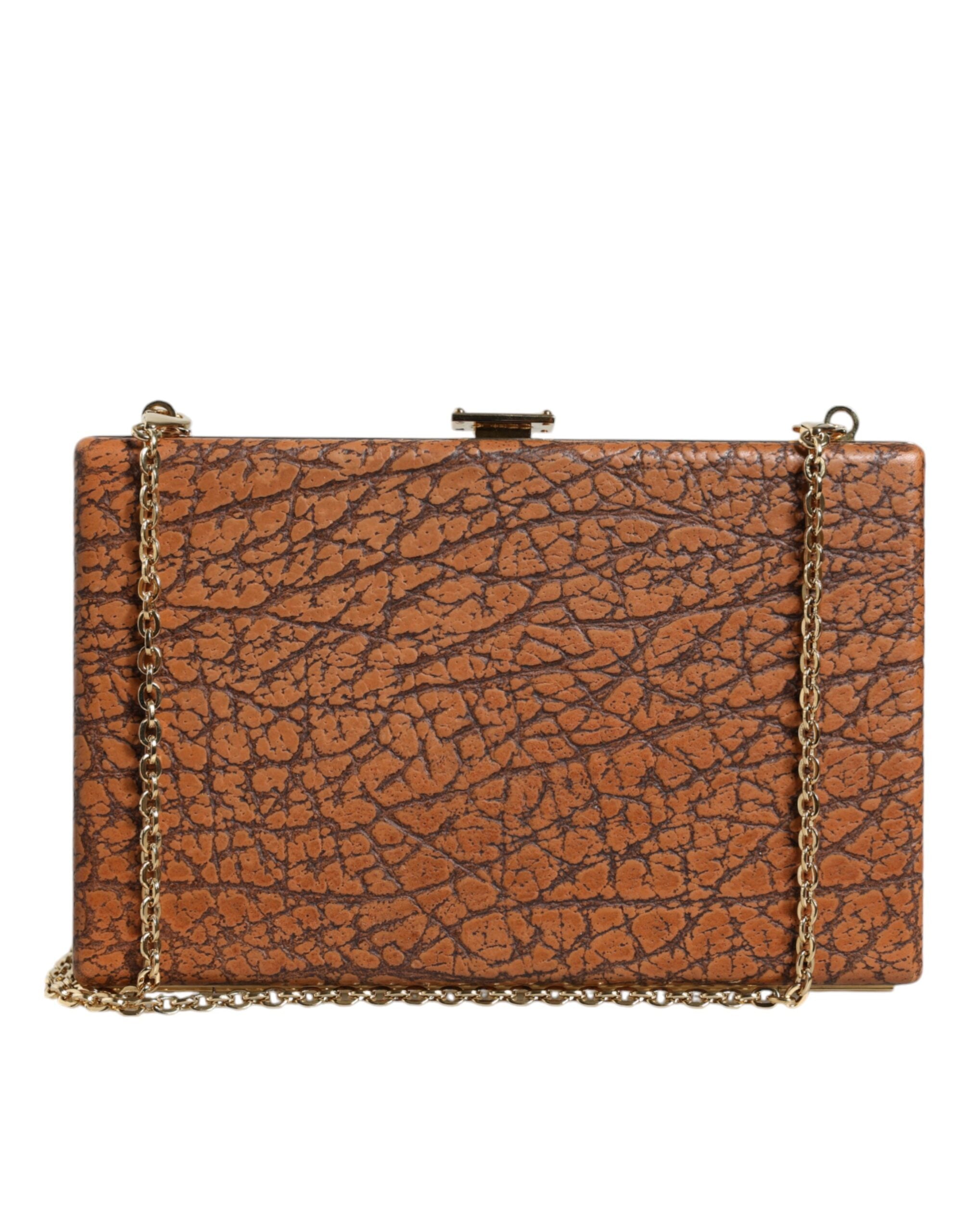 Dolce & Gabbana Καφέ Δερμάτινη Τσάντα Clutch με Χρυσό Πλαίσιο Mini Crossbody