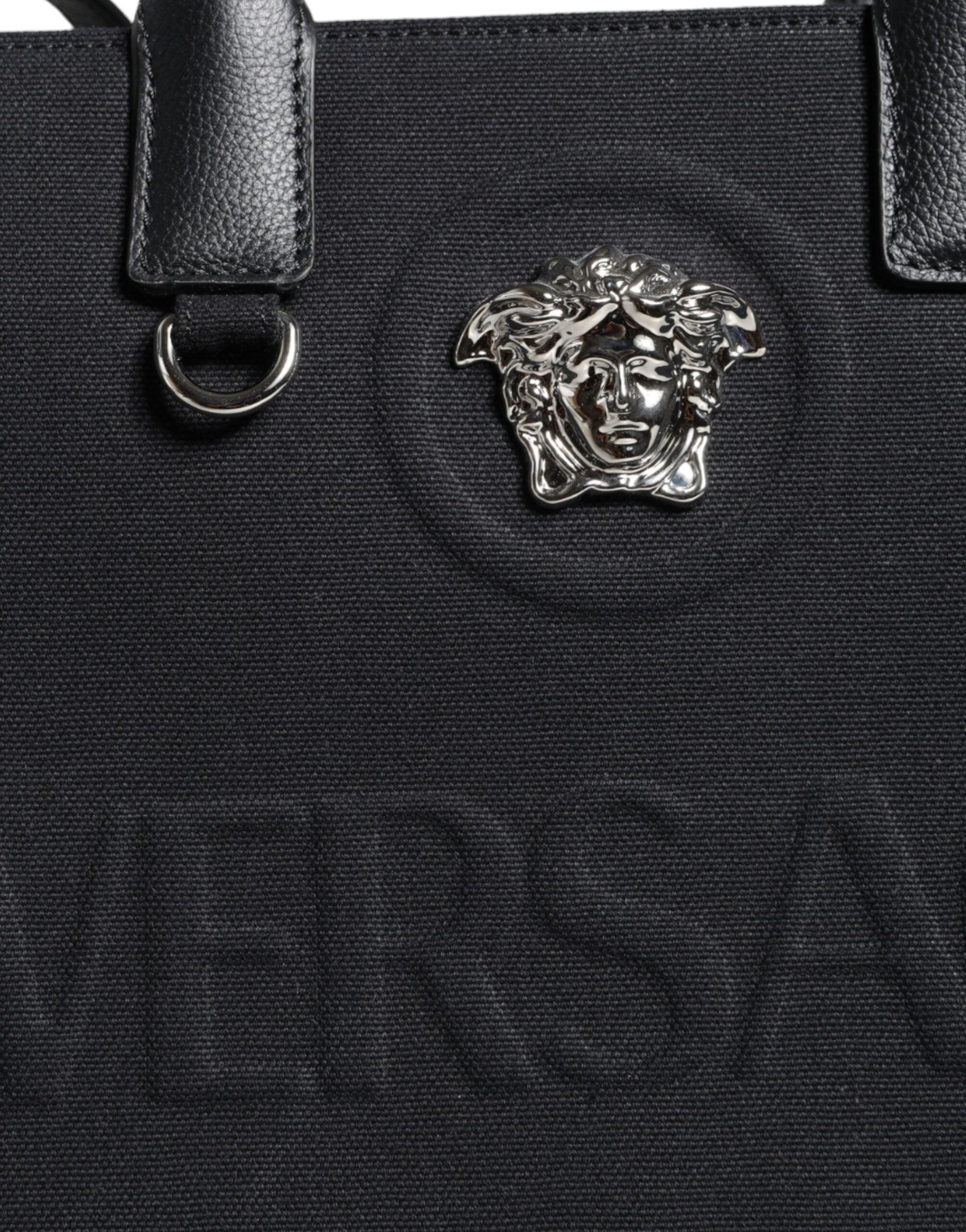 Versace Μαύρη Τσάντα Χειρός Καμβά Δερμάτινη Λογότυπο Crossbody Tote