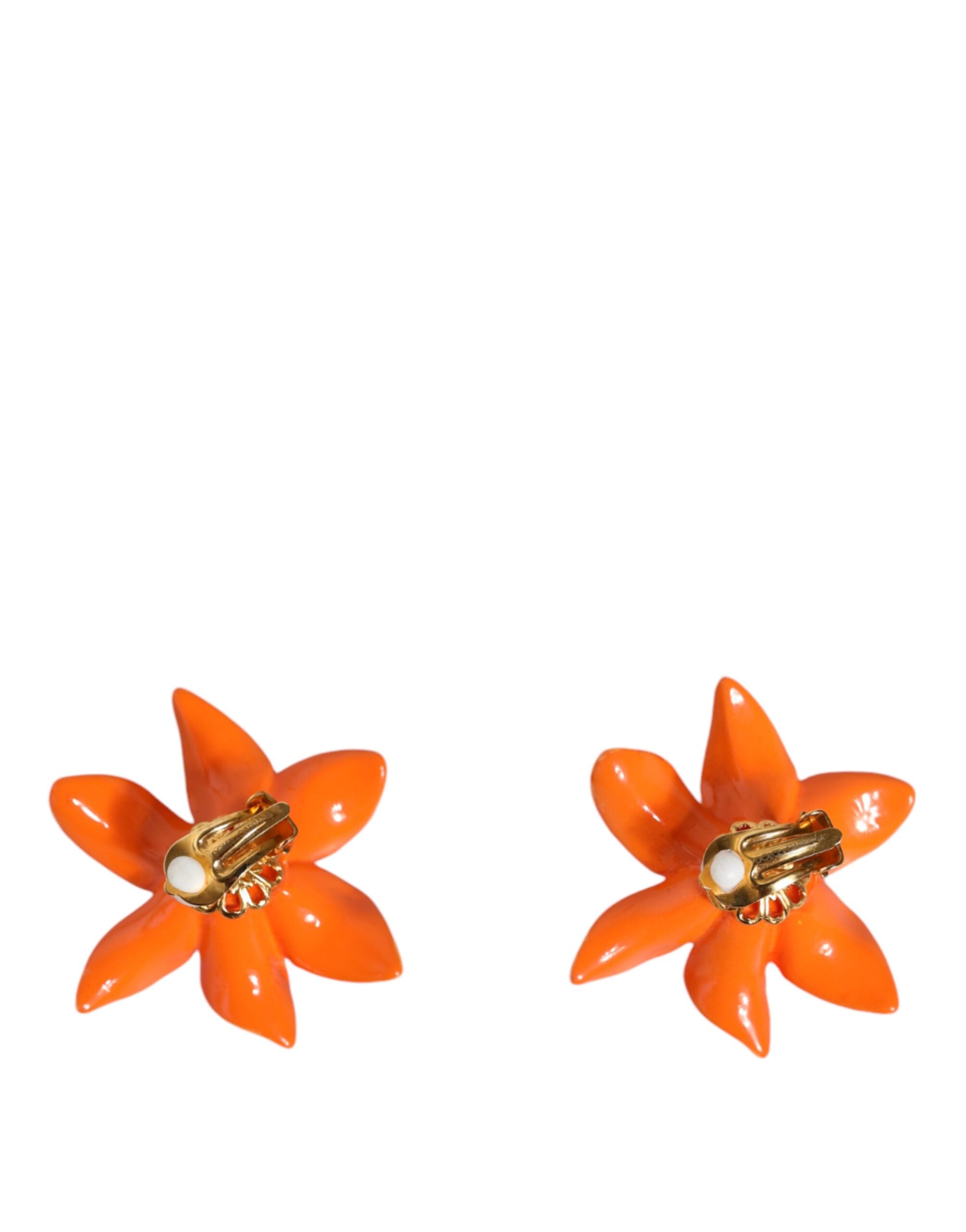 Dolce & Gabbana Orange Green Gold Brass Lily Flower Clip Floral Earrings