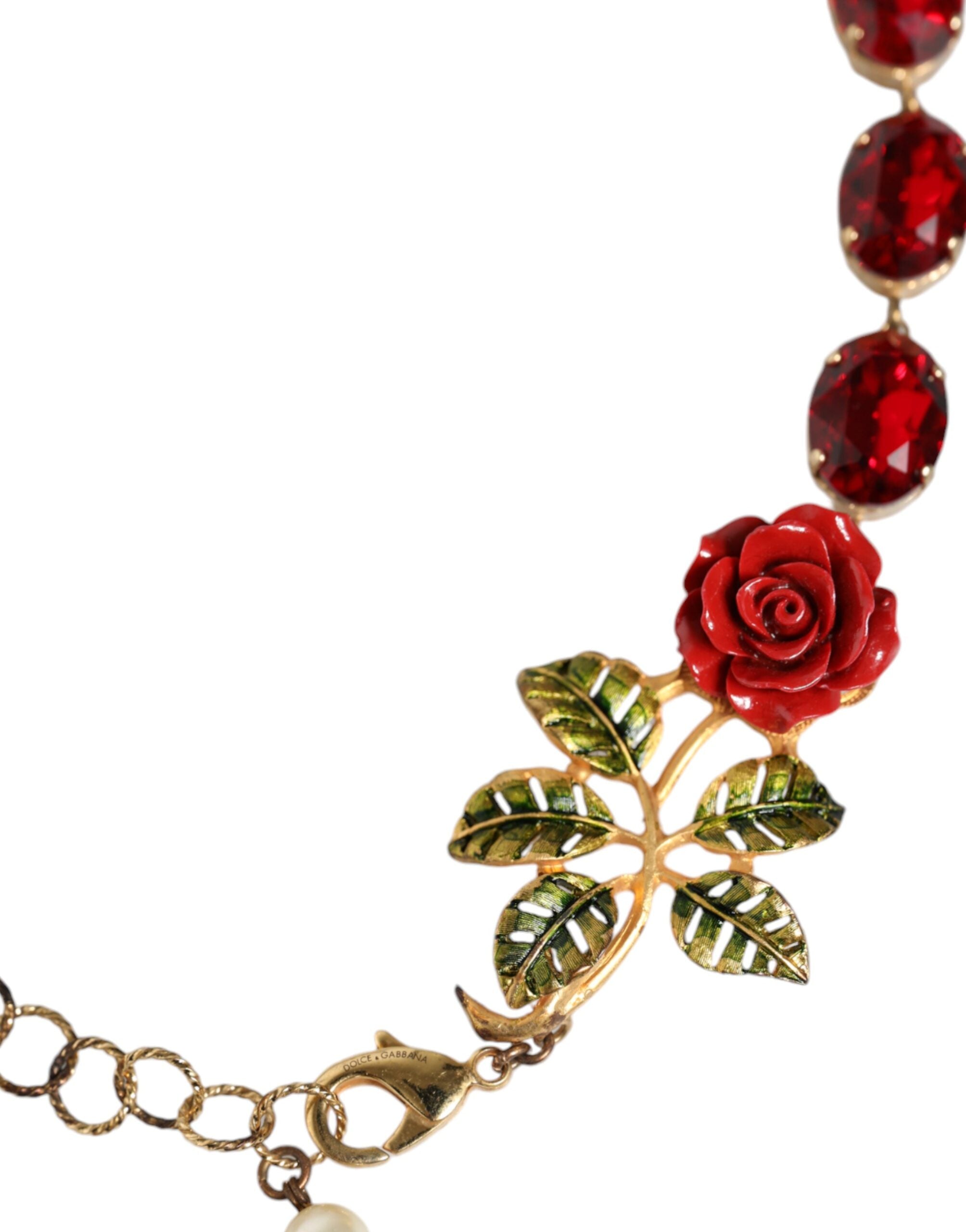 Dolce & Gabbana Gold Chain Brass Red Rose Crystal Embellished Necklace