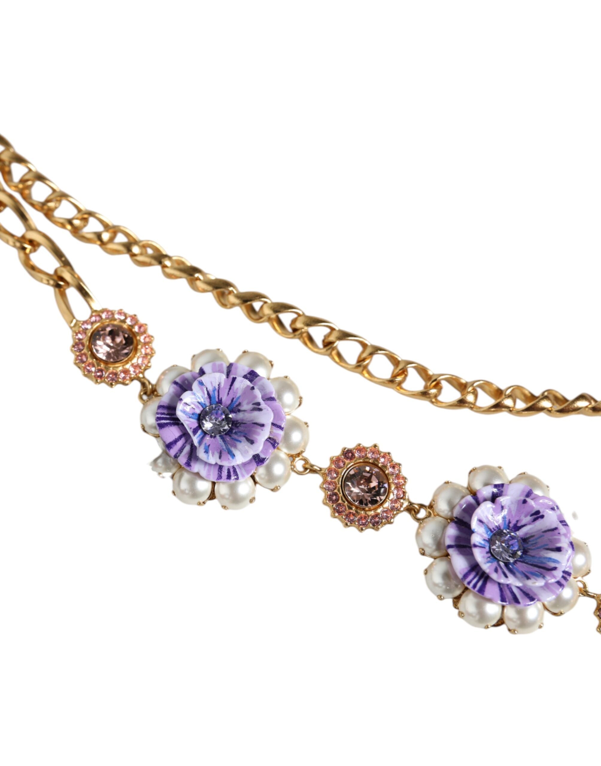 Dolce & Gabbana Gold Tone Floral Crystals Embellished Layered Necklace