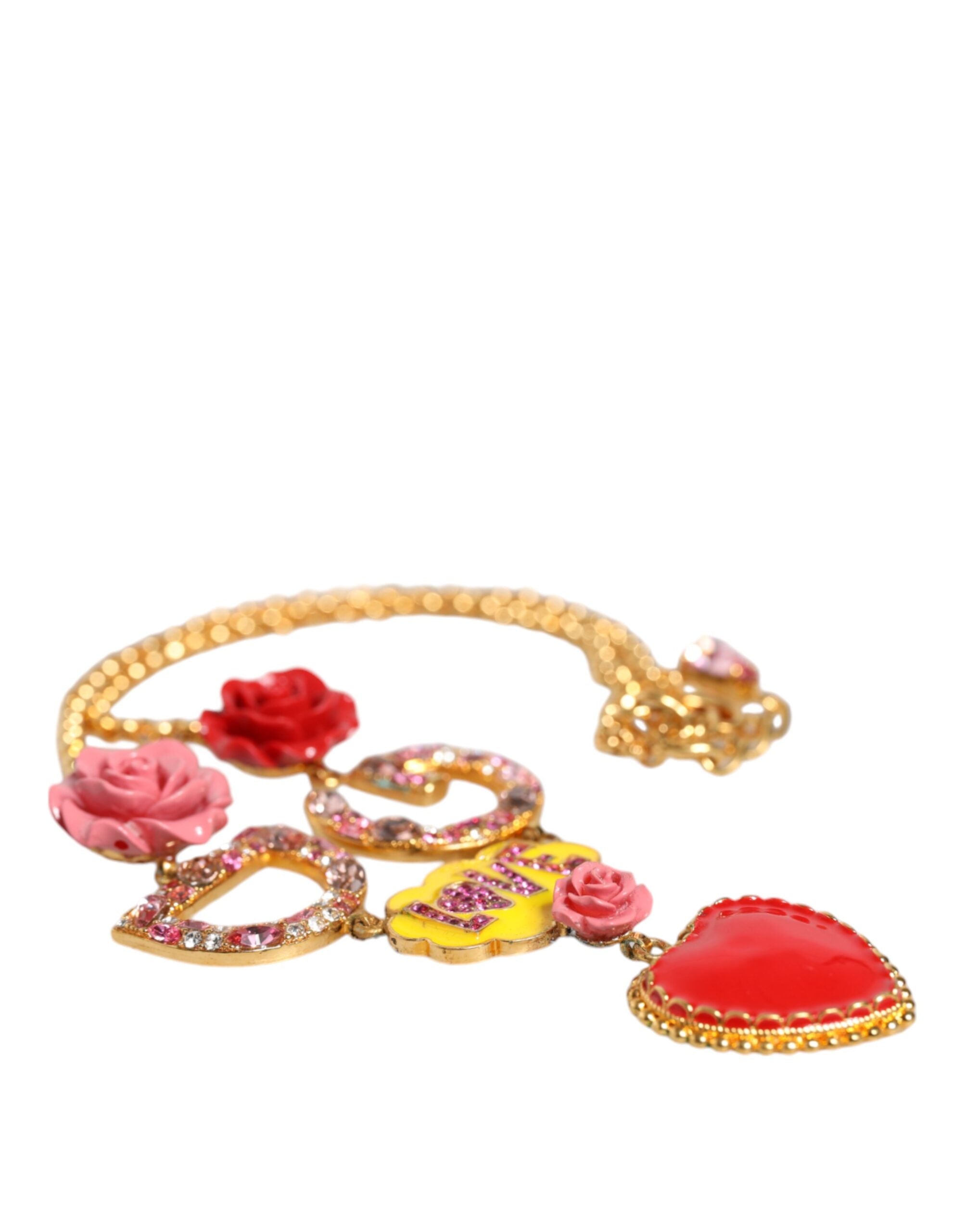 Dolce & Gabbana Gold Chain DG Logo Rose Love Crystal Charm Necklace