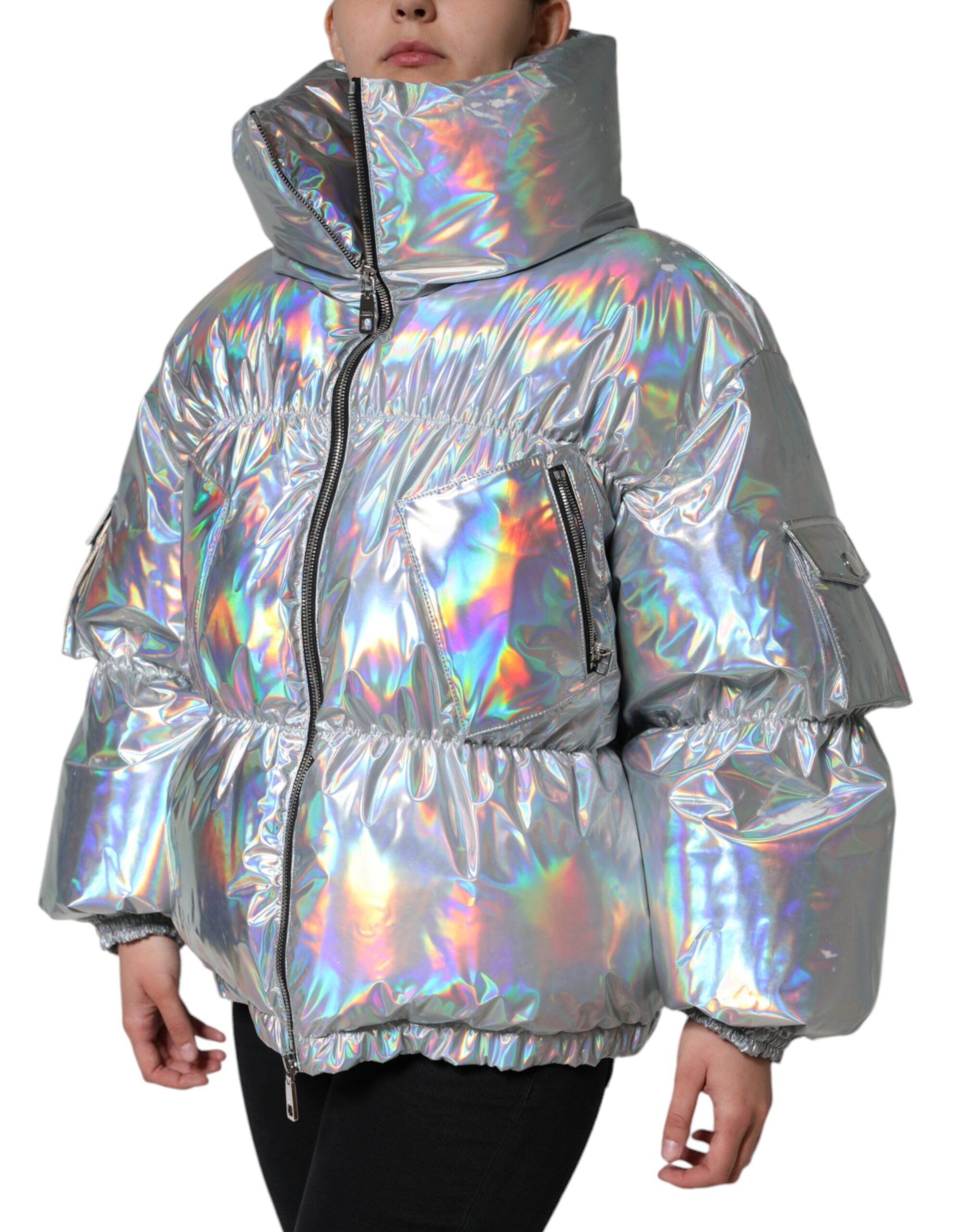 Dolce & Gabbana Silver Iridescent Puffer Full Zip Coat Jacket