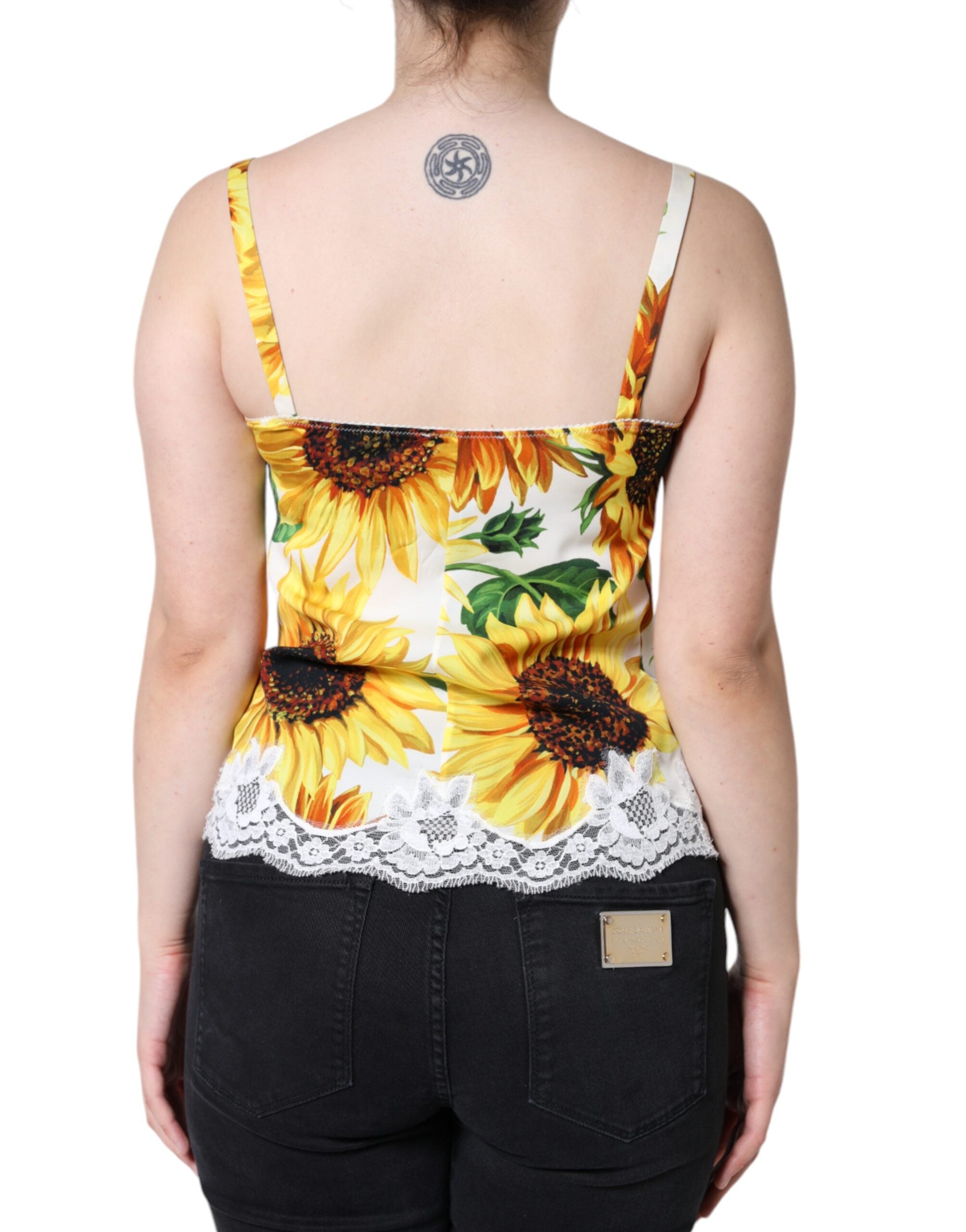 Dolce & Gabbana White Silk Sunflower Lace Sleeveless Tank Top