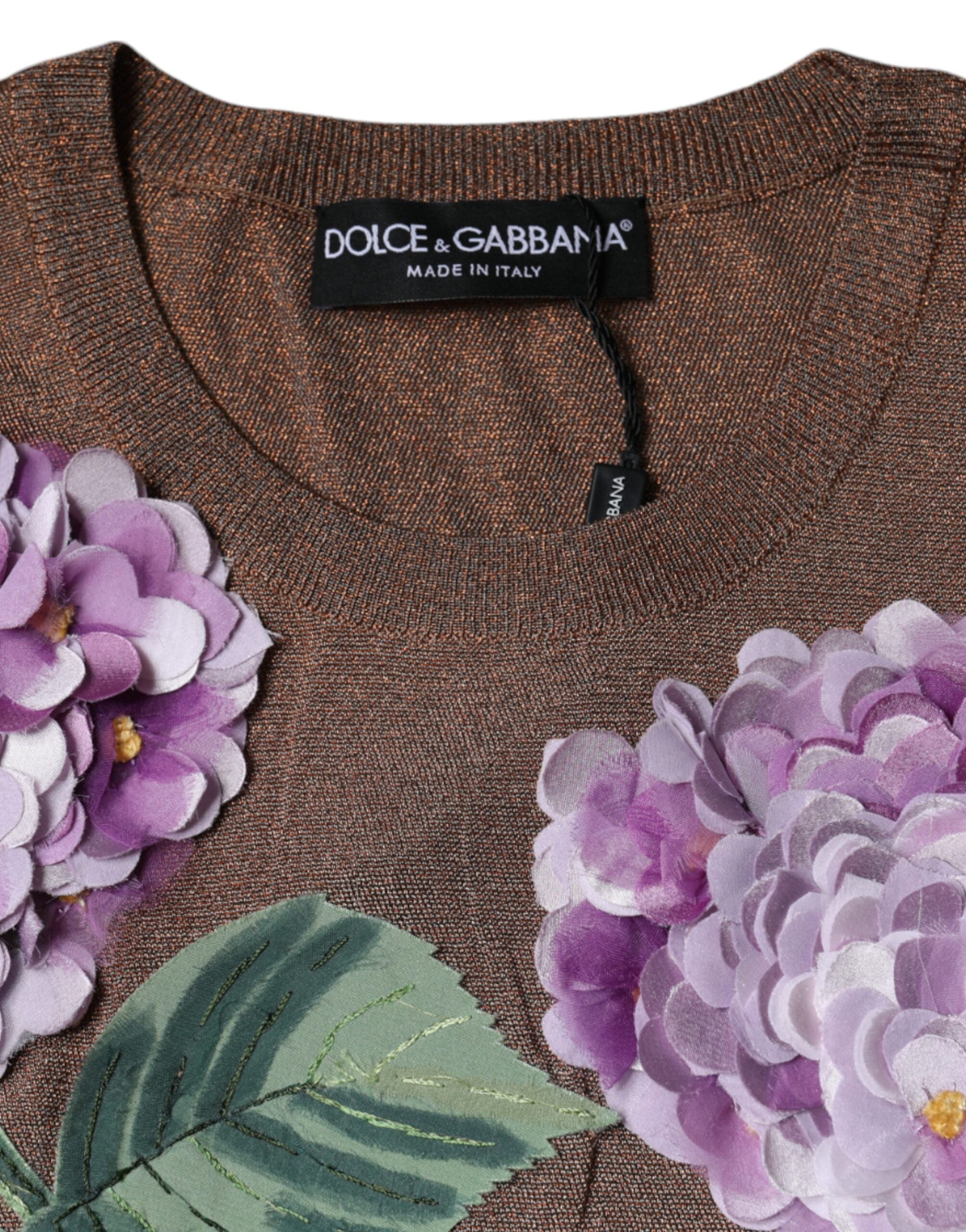 Dolce & Gabbana Καφέ Floral Απλικέ Βισκόζη Μπλουζάκι με Κοντά Μανίκια