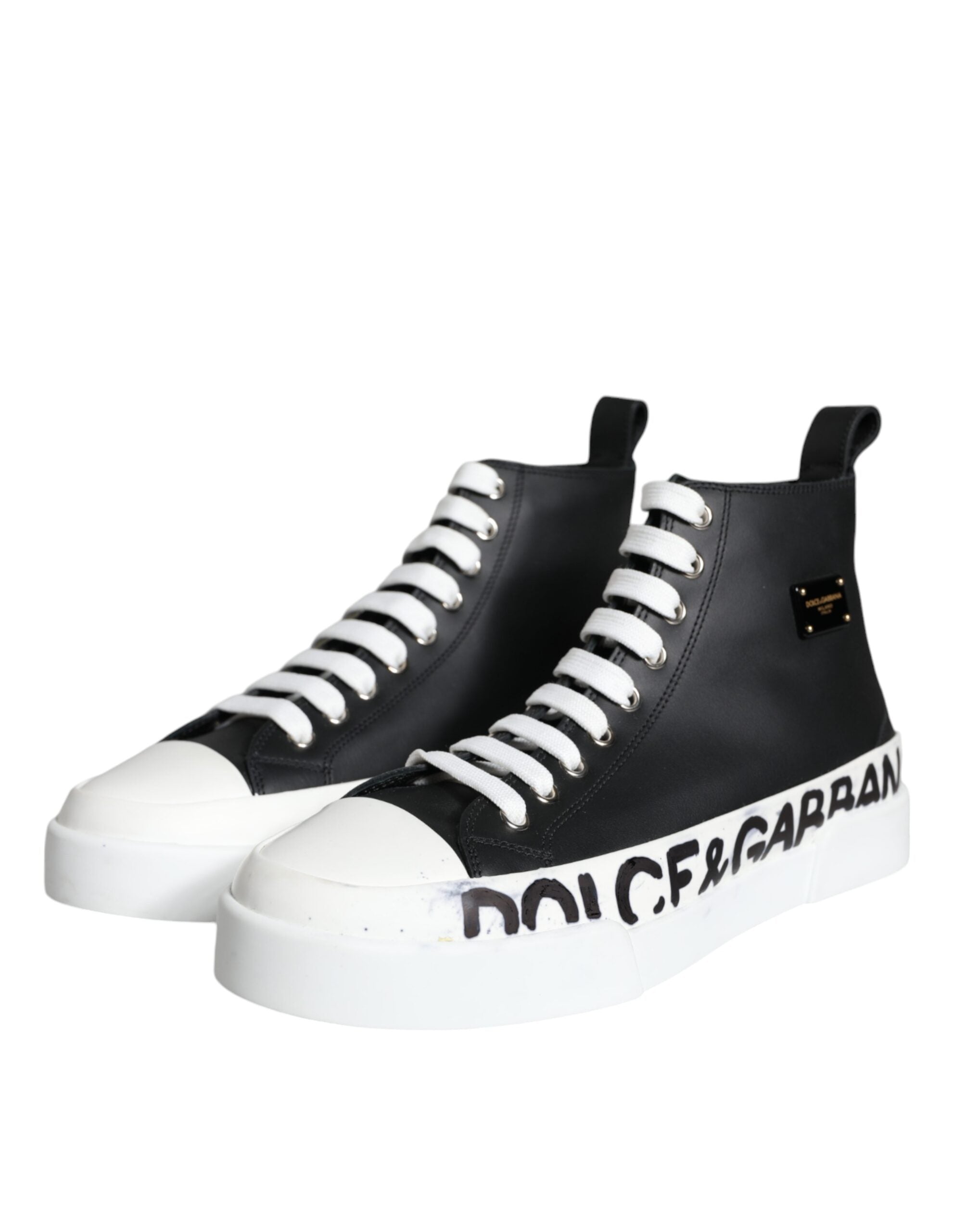 Dolce & Gabbana Μαύρα Λευκά Δερμάτινα Παπούτσια Mid Top Sneakers