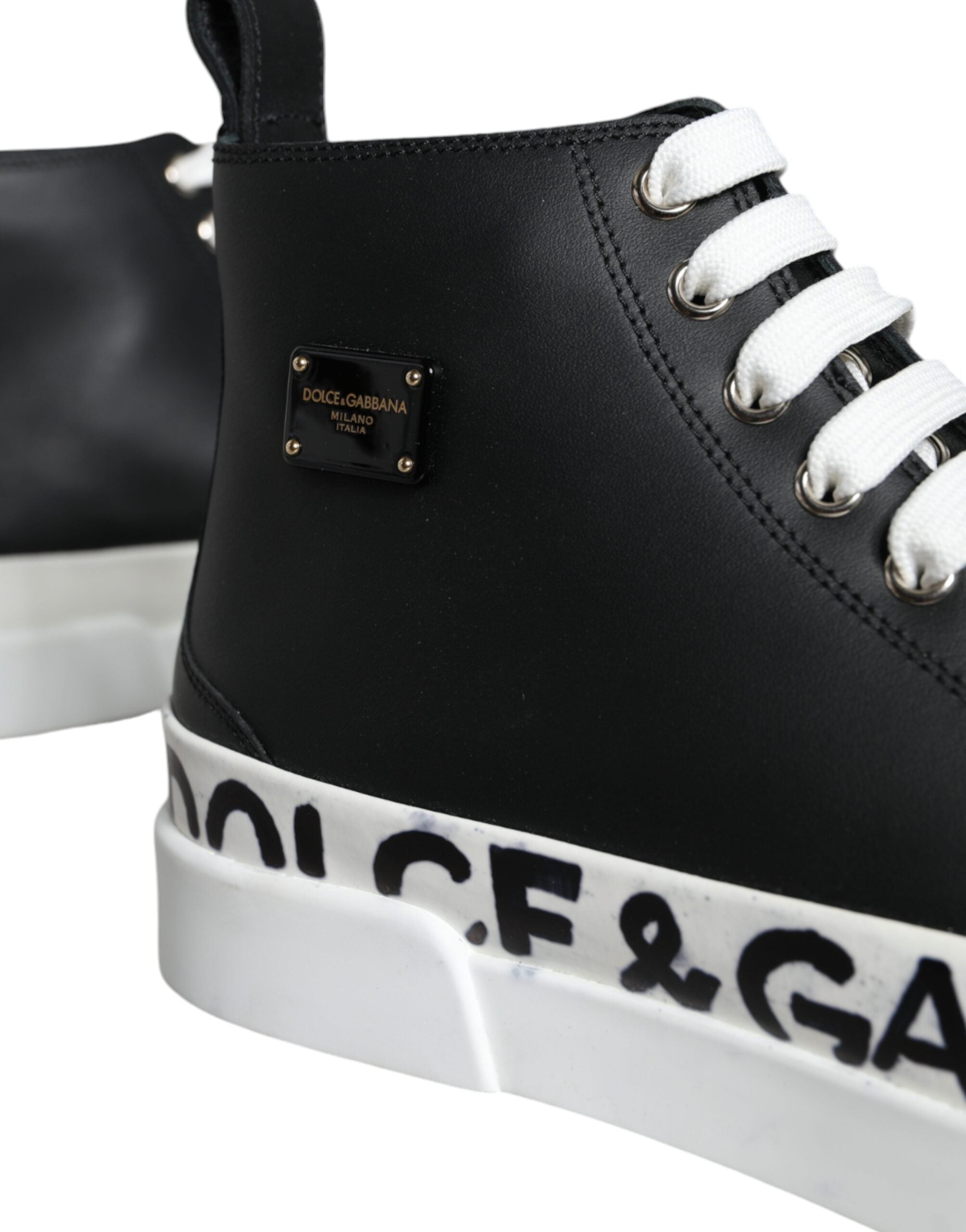 Dolce & Gabbana Μαύρα Λευκά Δερμάτινα Παπούτσια Mid Top Sneakers