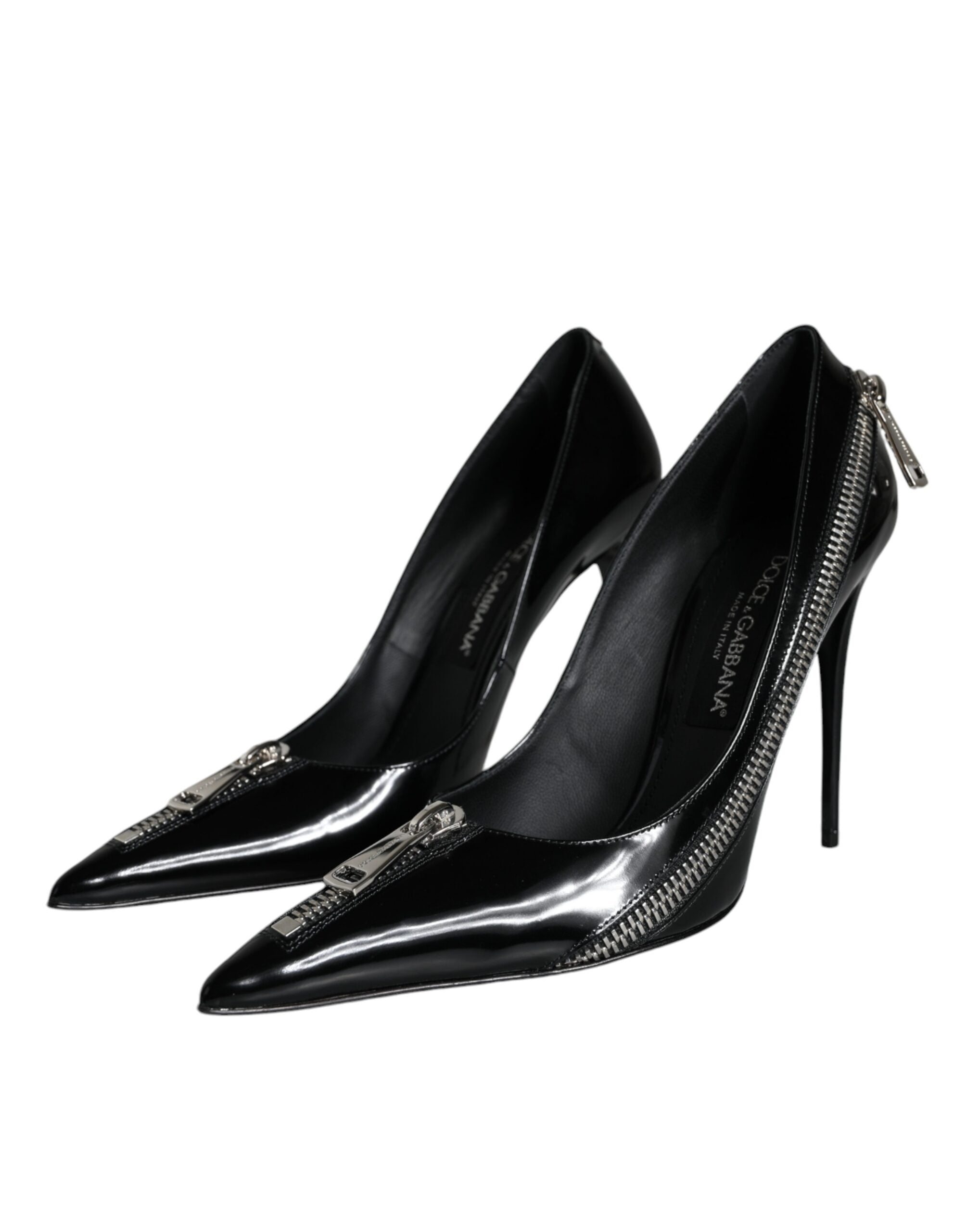 Dolce & Gabbana Black Patent Leather Zipper Heels Pumps Shoes