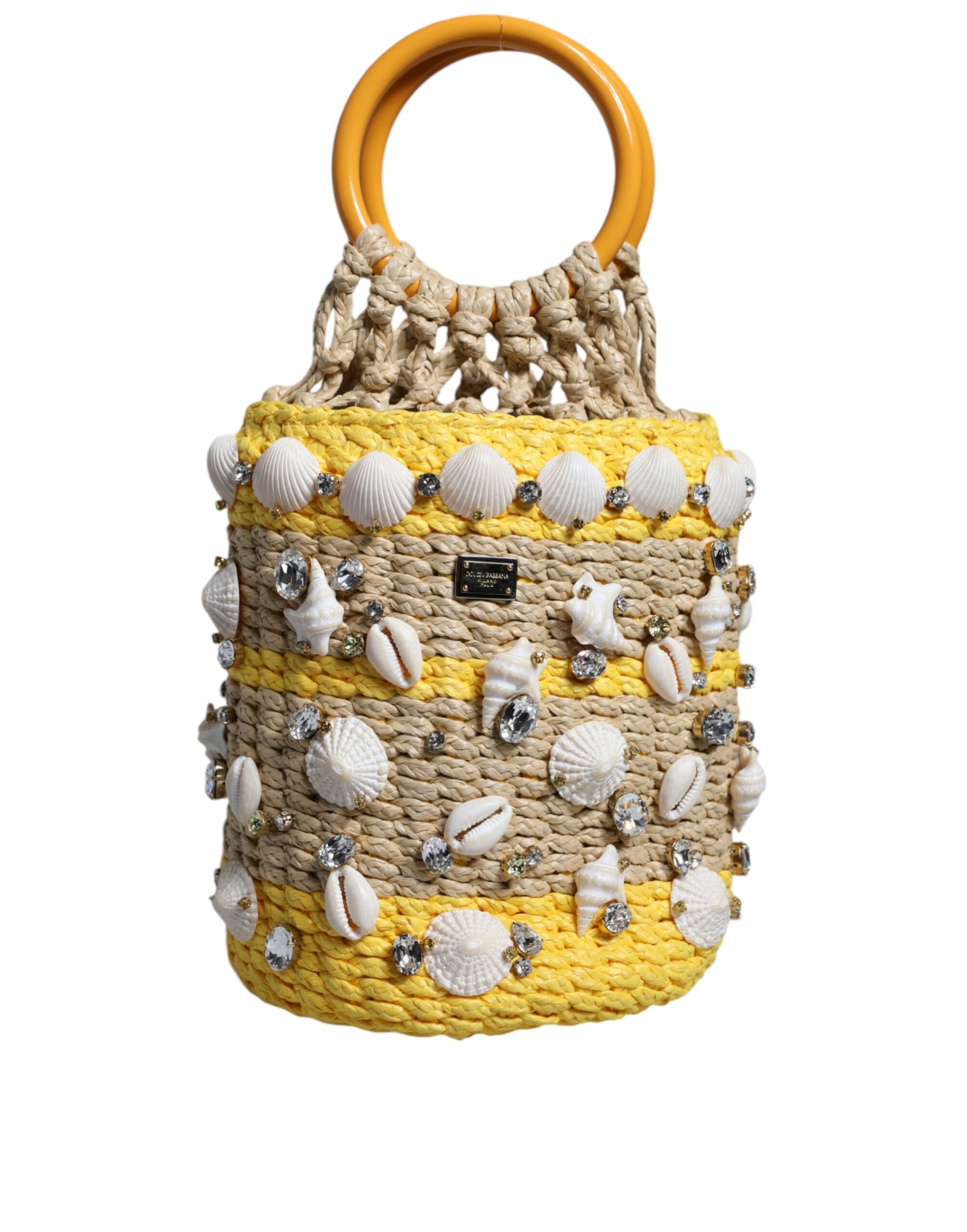 Dolce & Gabbana Beige Yellow Τσάντα Κρυστάλλων Bucket Rafia