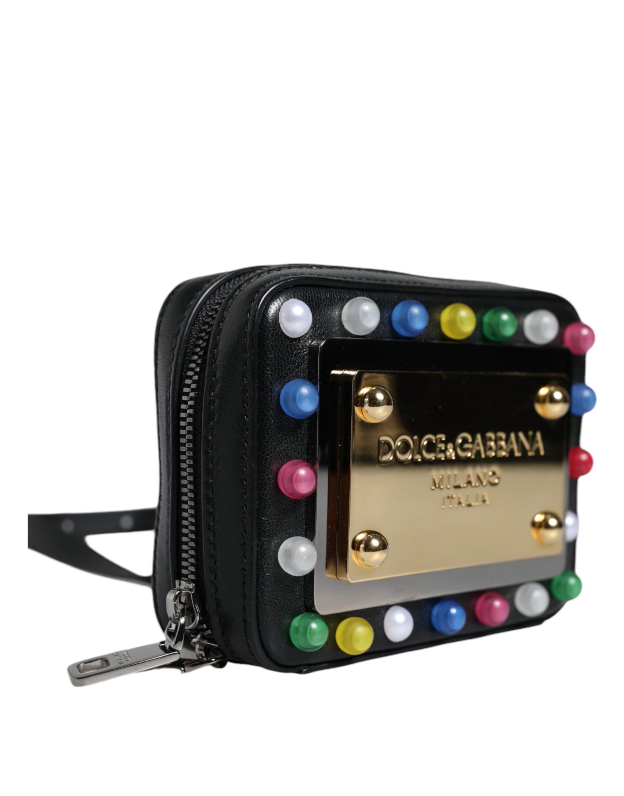 Dolce & Gabbana Black Leather LED Logo Shoulder Crossbody Bag